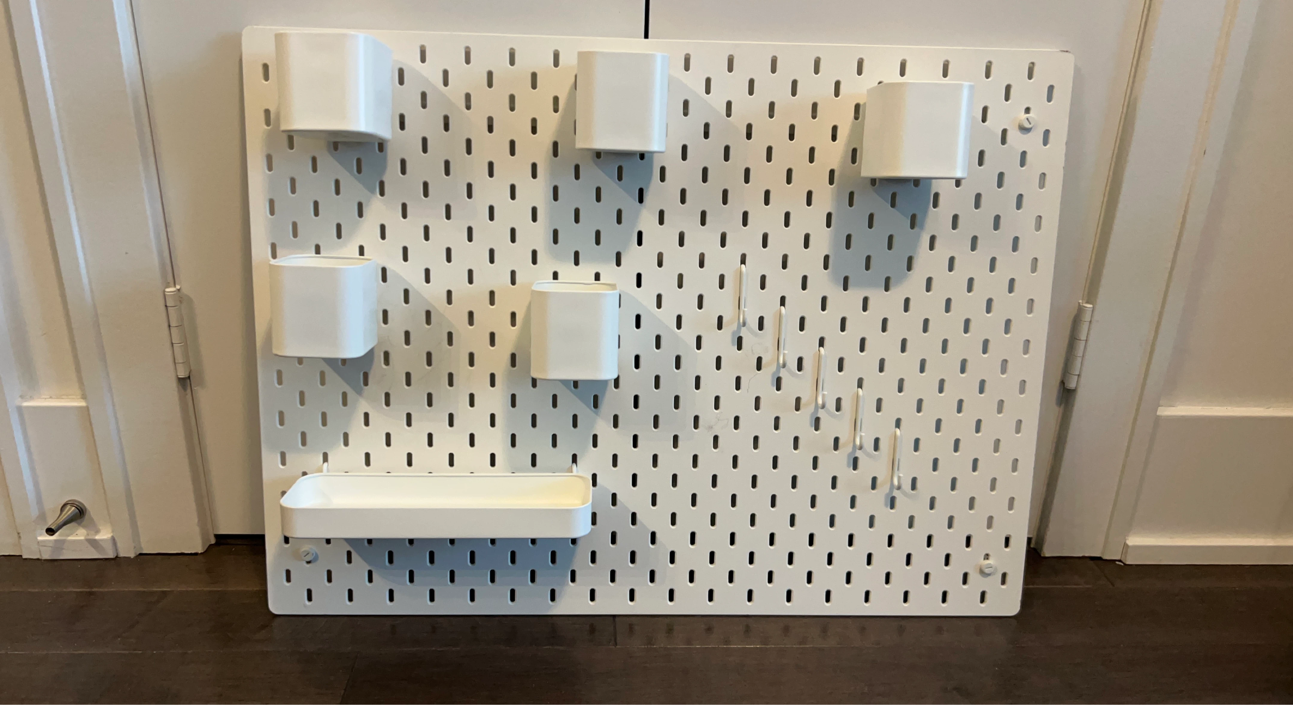 IKEA White Pegboard Organizer with Containers and Hooks