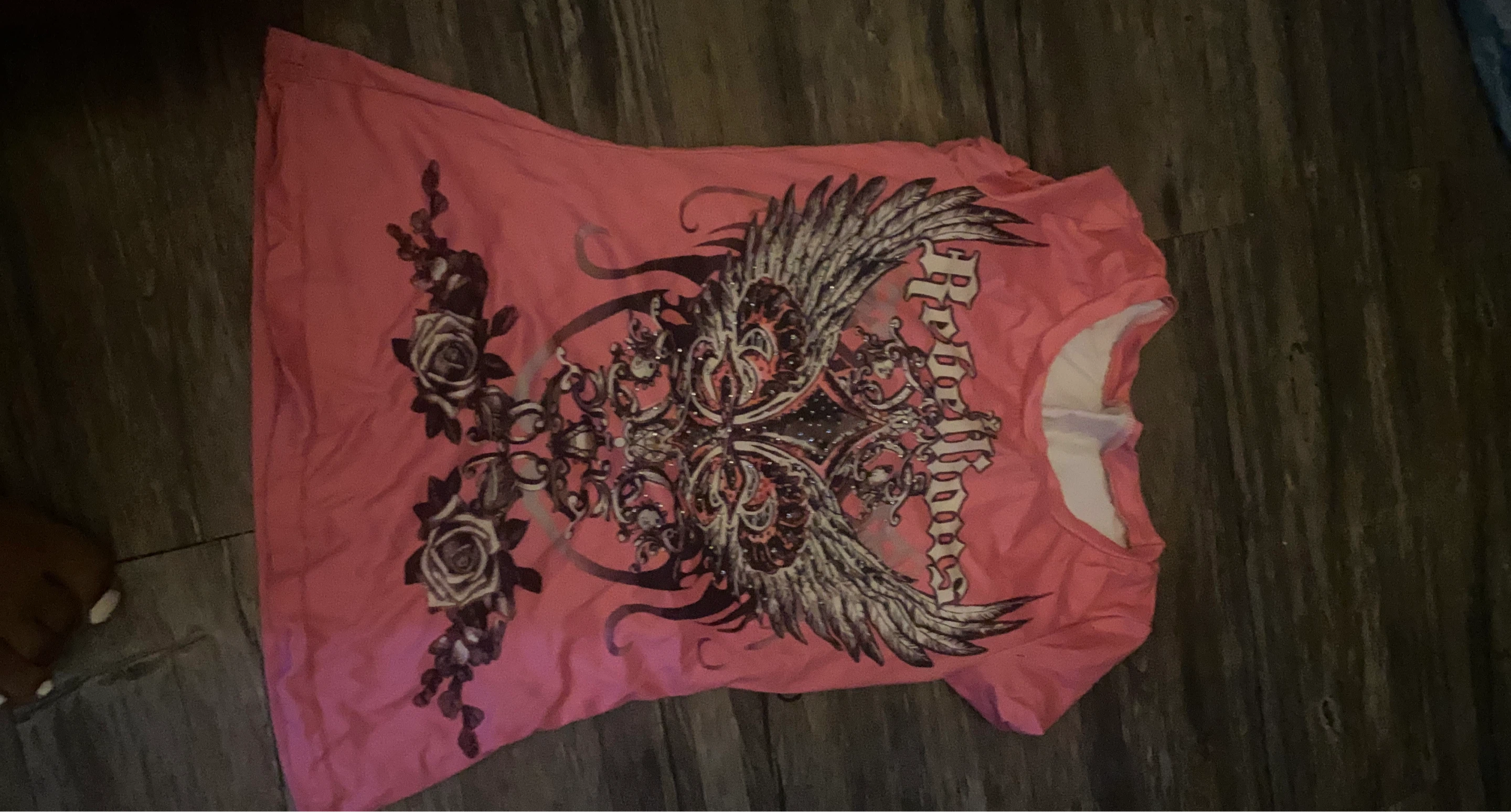 Pink Graphic T-Shirt with Wings and Roses