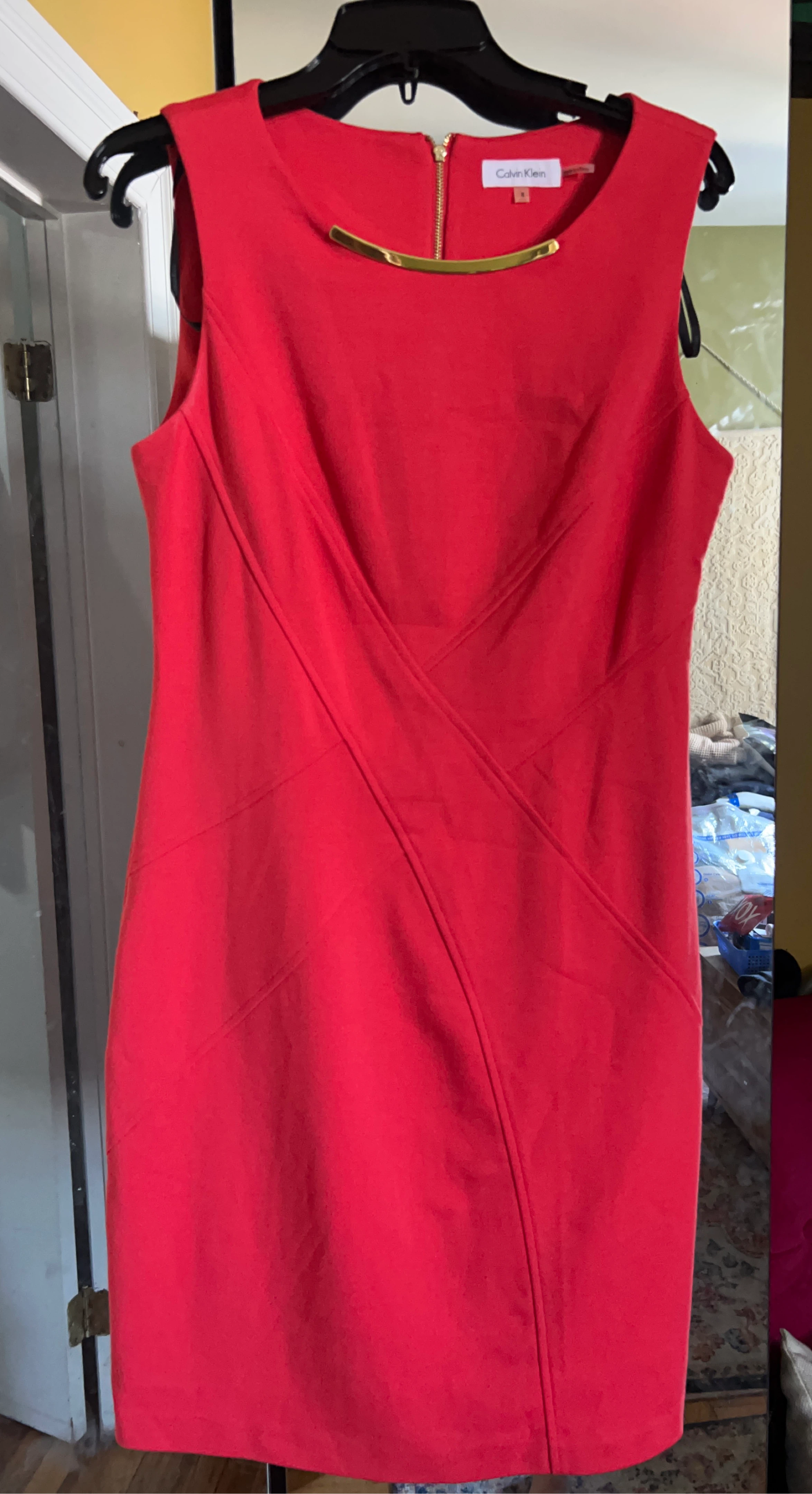 Calvin Klein Red Sheath Dress with Gold Neck Detail - Size 8