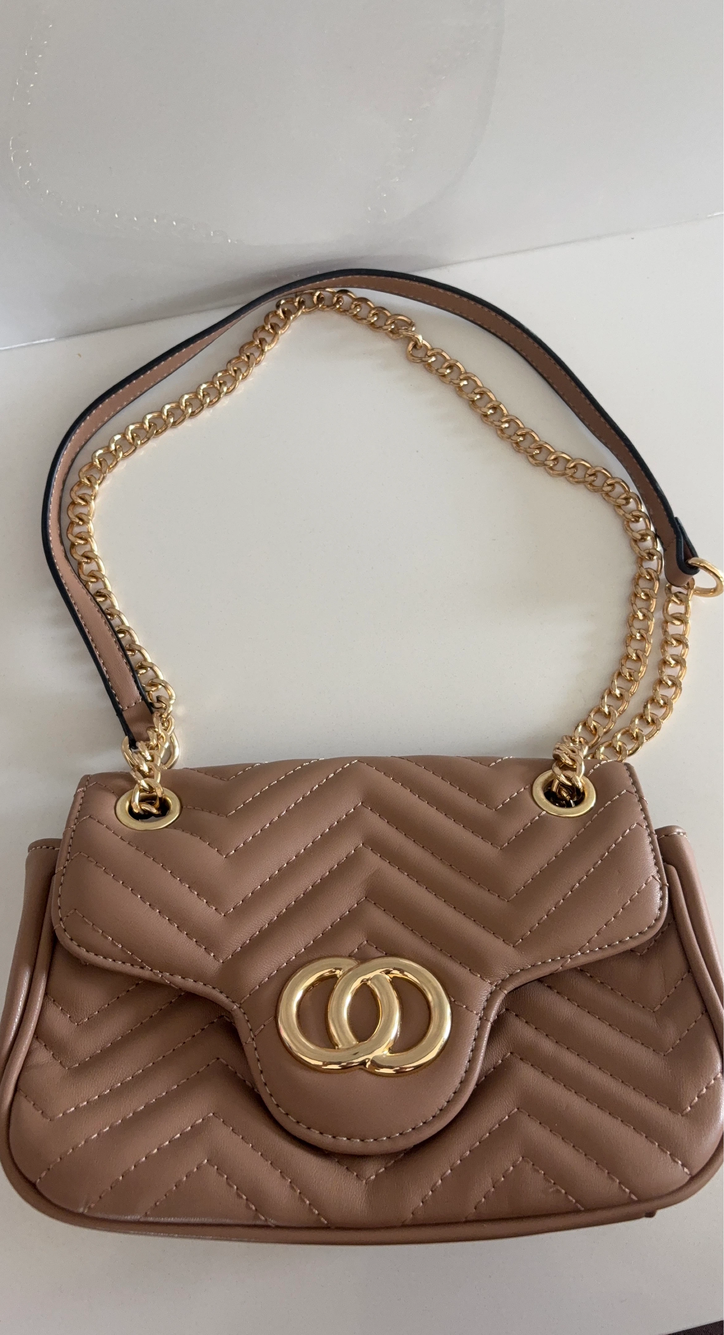 Quilted Chevron Shoulder Bag with Gold Chain Strap