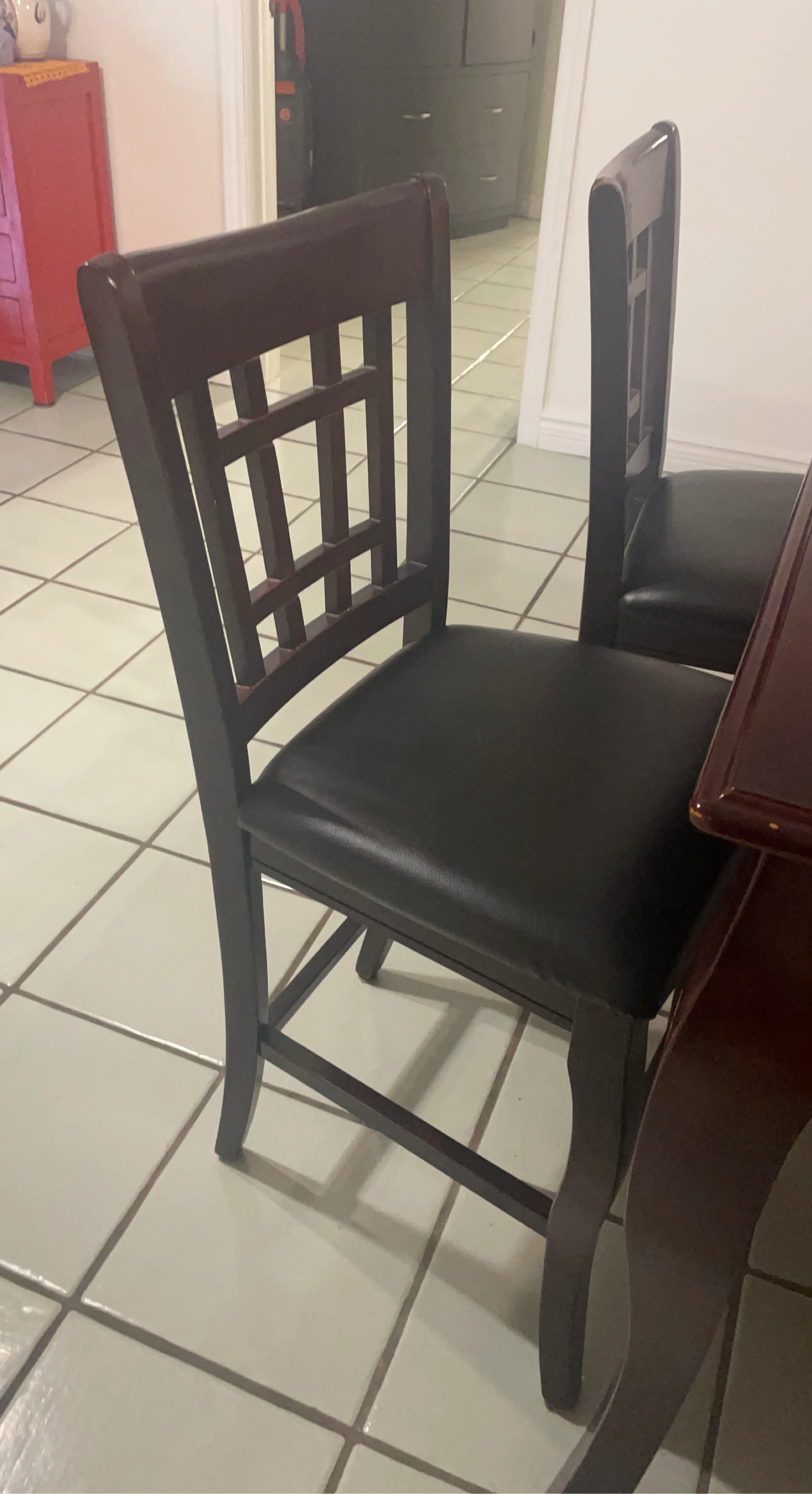 Dark Wood Dining Chair with Black Faux Leather Seat