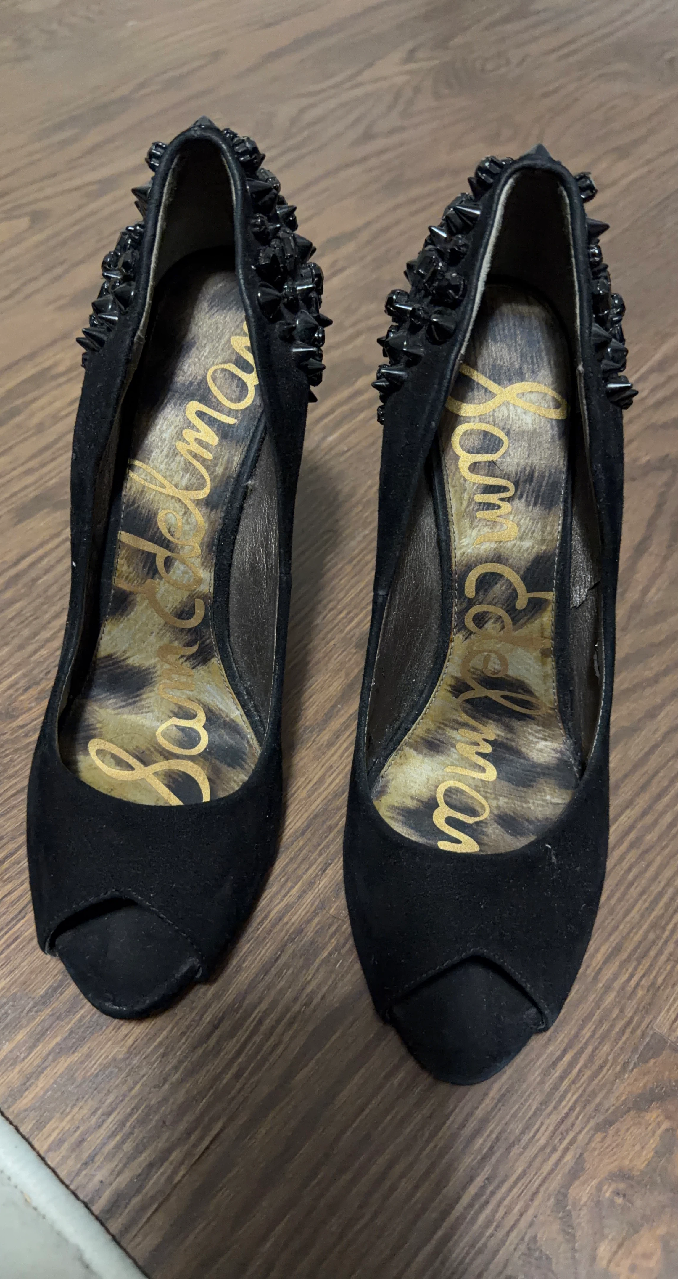 Sam Edelman Black Suede Peep-Toe Studded Heels