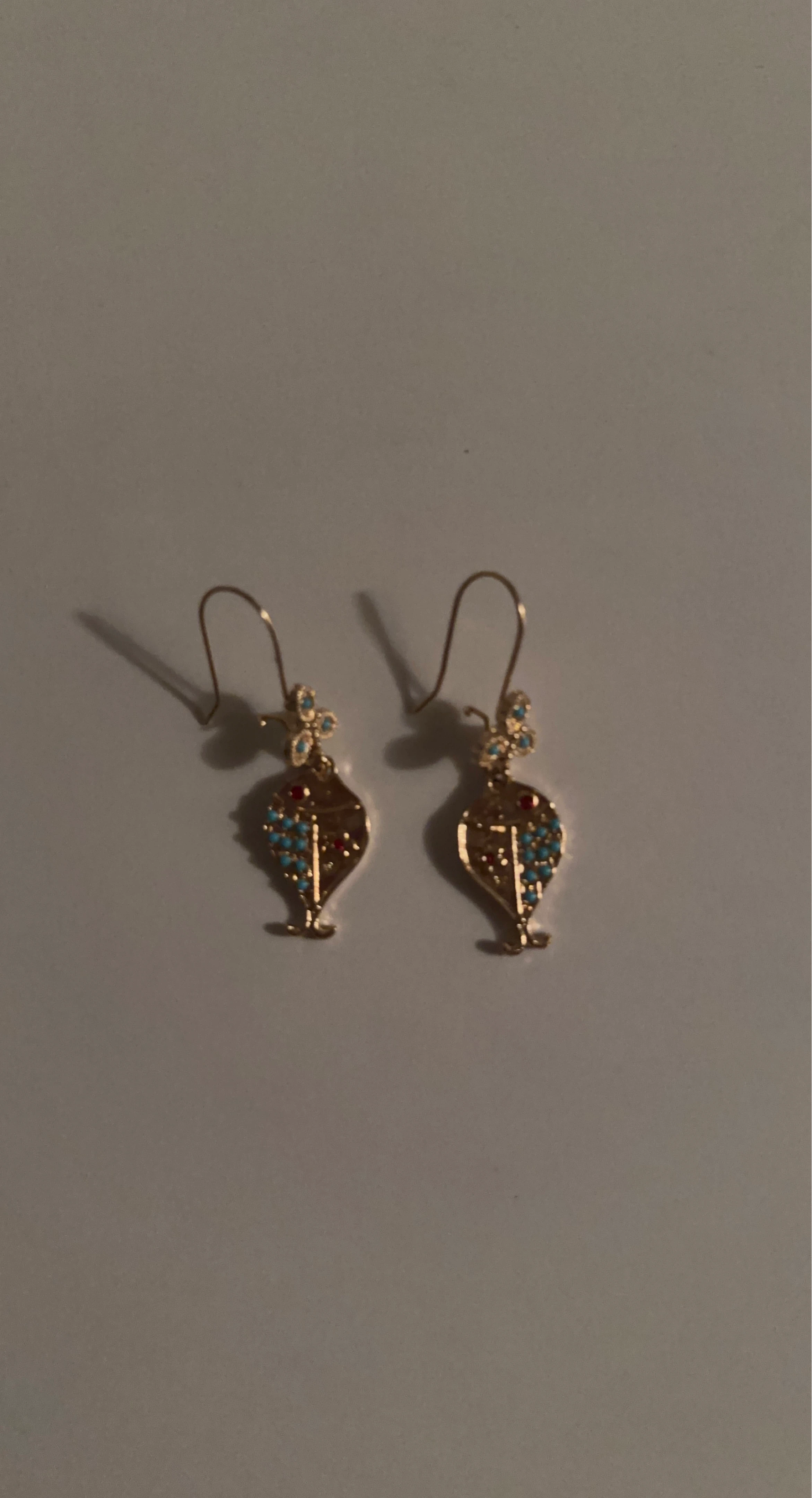 Gold Tone Dangle Earrings with Blue and Red Gems