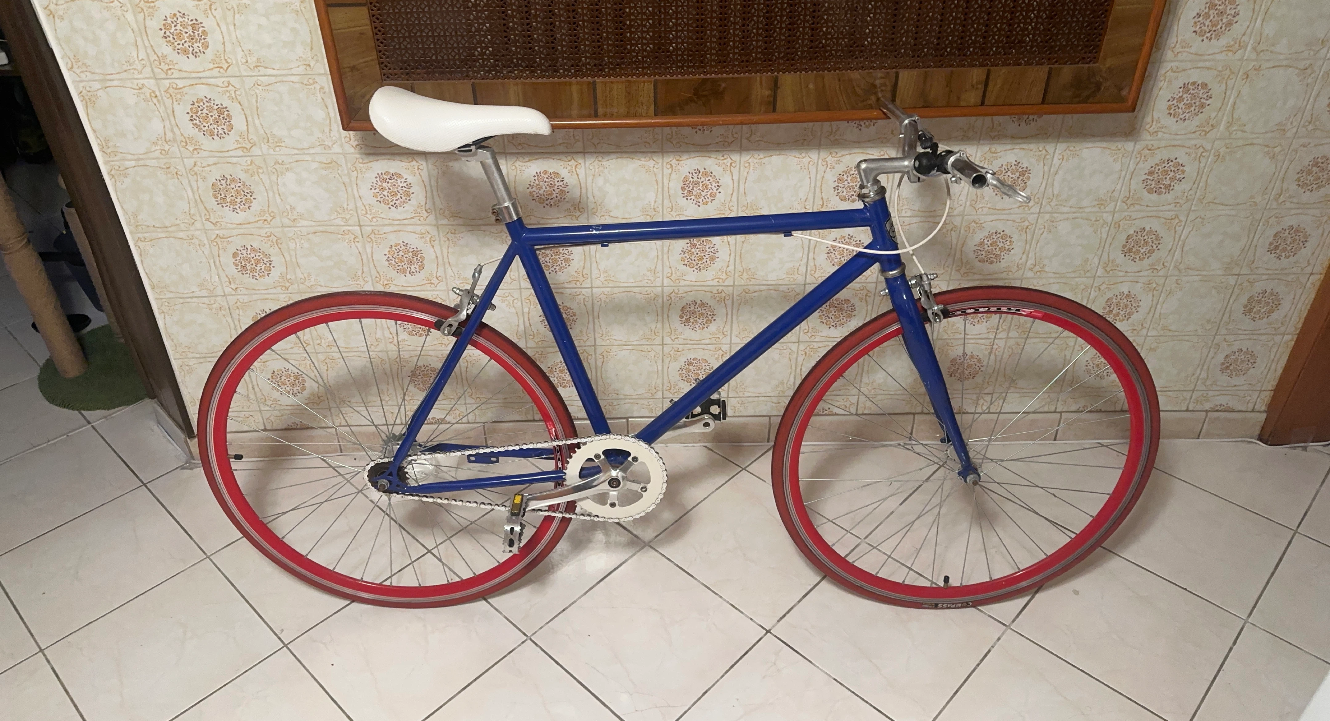 Blue Fixie Bike with Red Rims