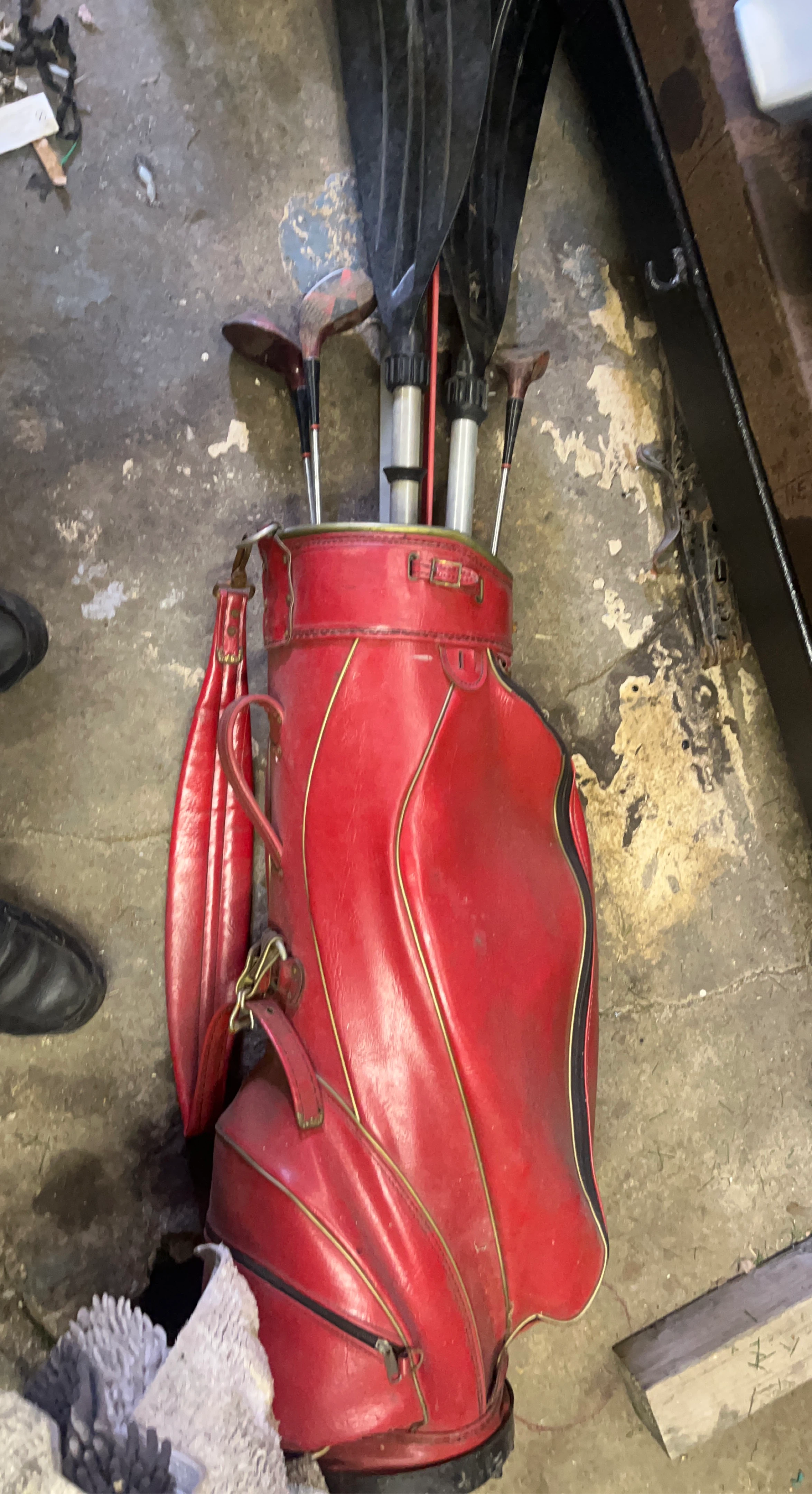 Vintage Red Leather Golf Bag with Clubs