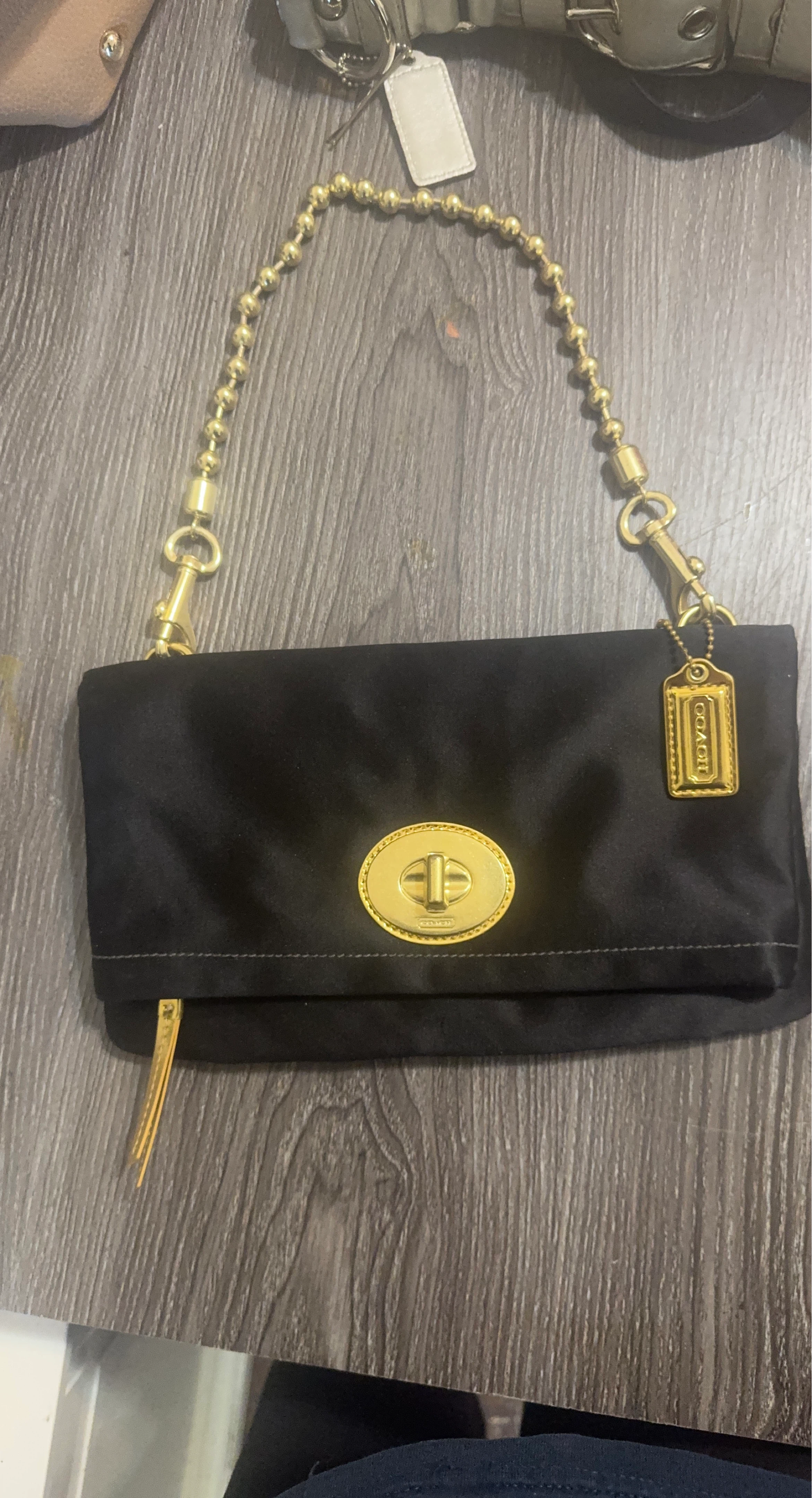 Coach Black Satin Clutch with Gold Chain
