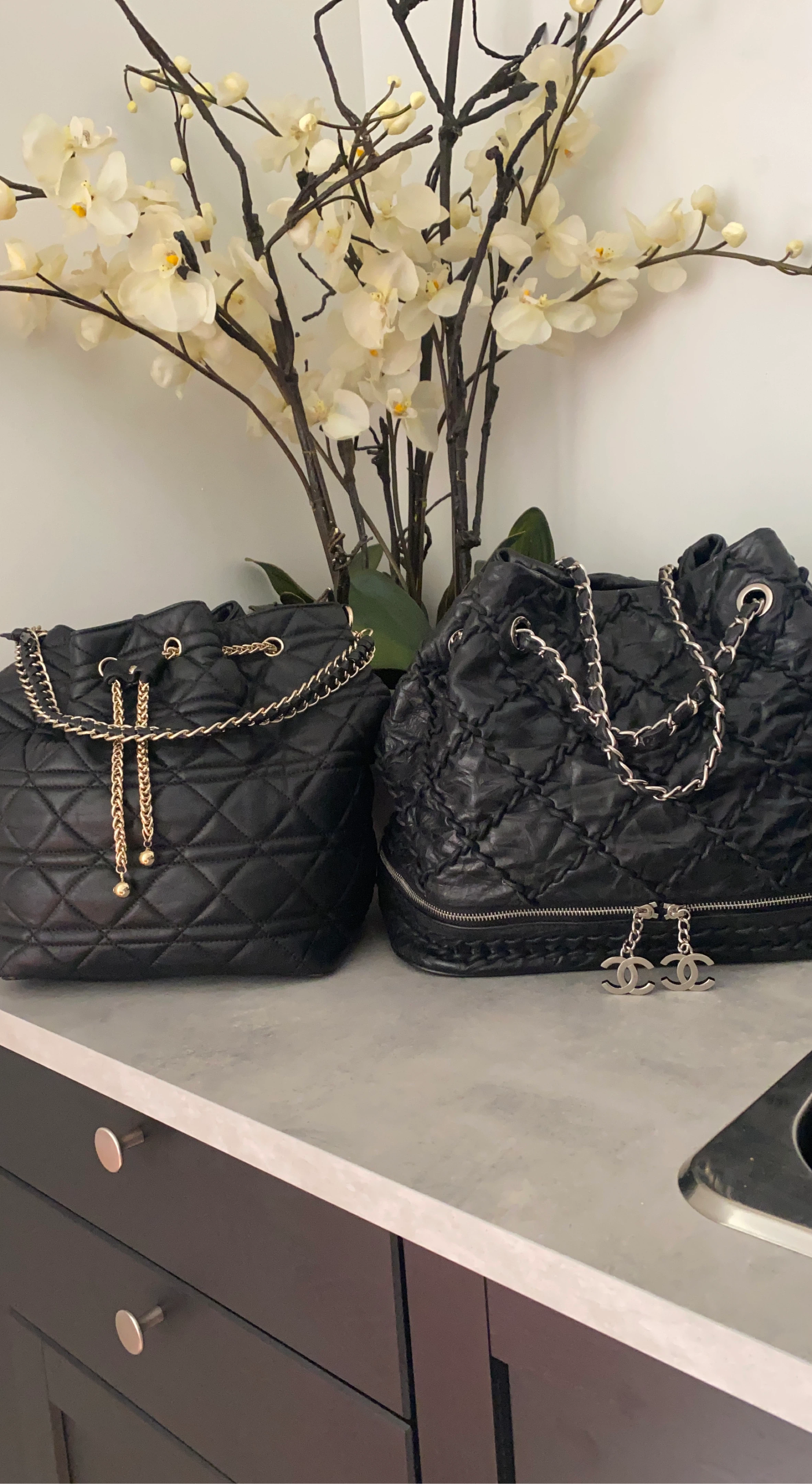 Black Leather Quilted Bucket Bags