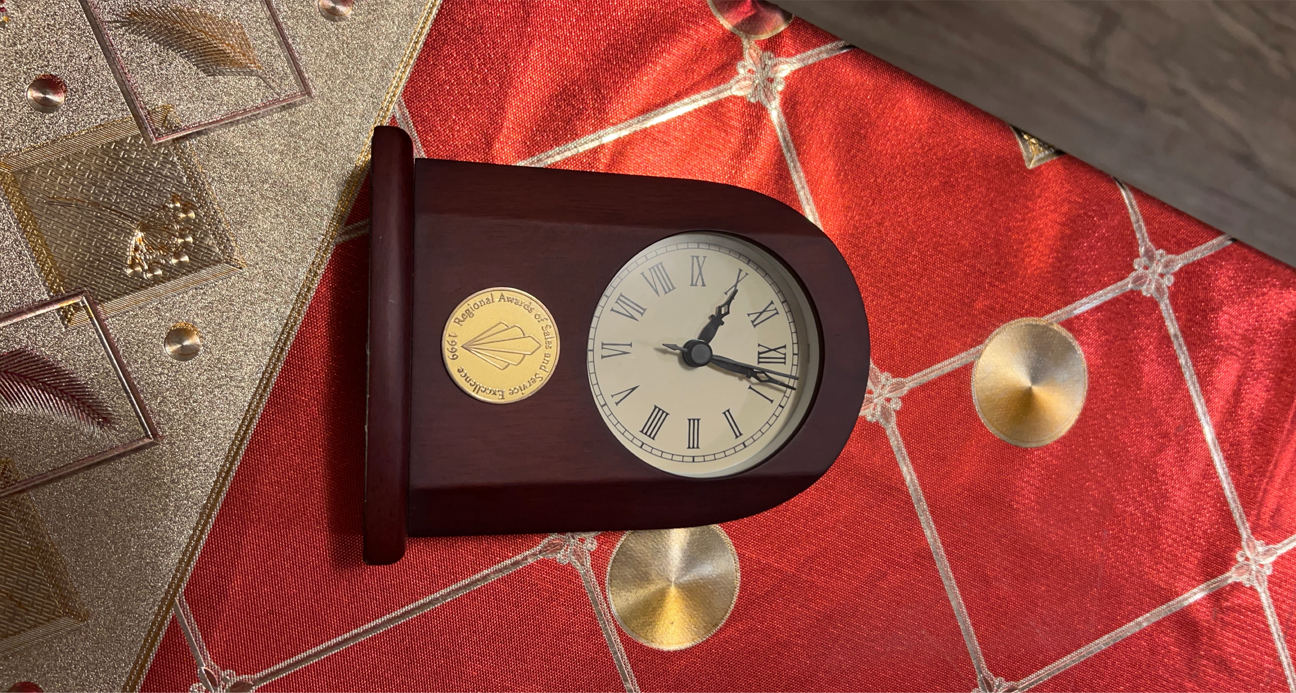 Wooden Desk Clock with Awards Medallion