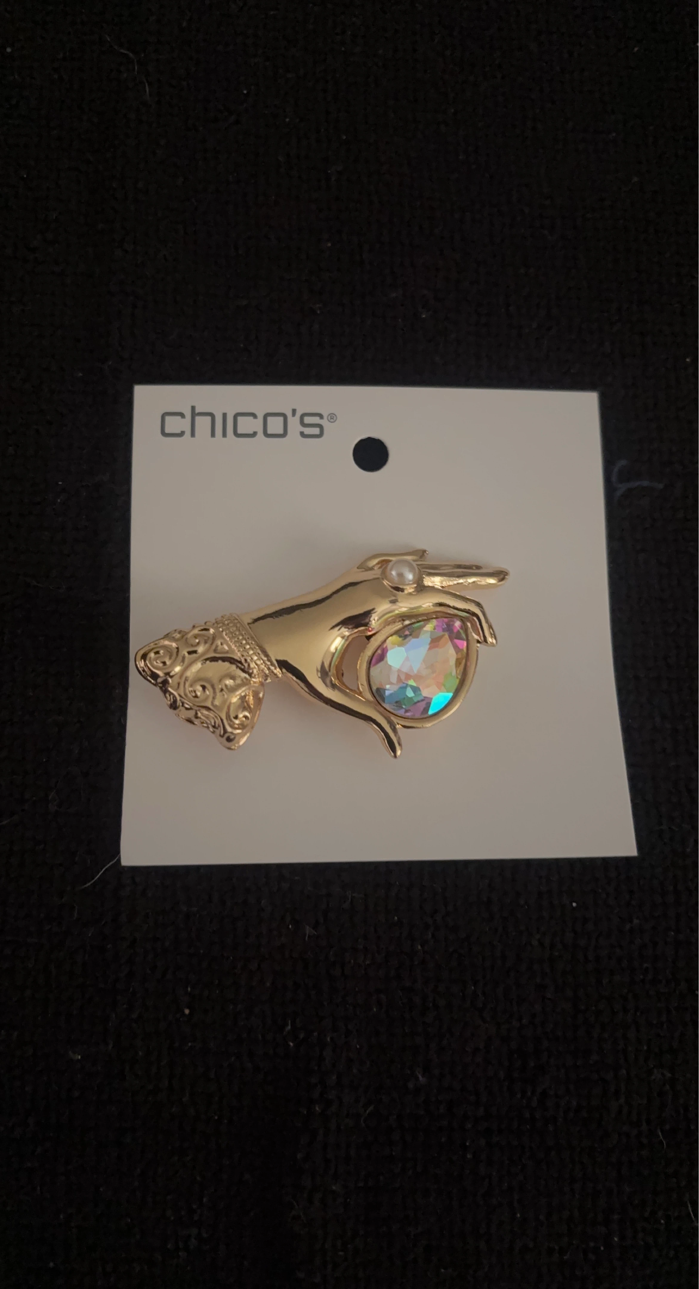 New Chico's Gold-Tone Hand Pin with Faux Pearl and Crystal
