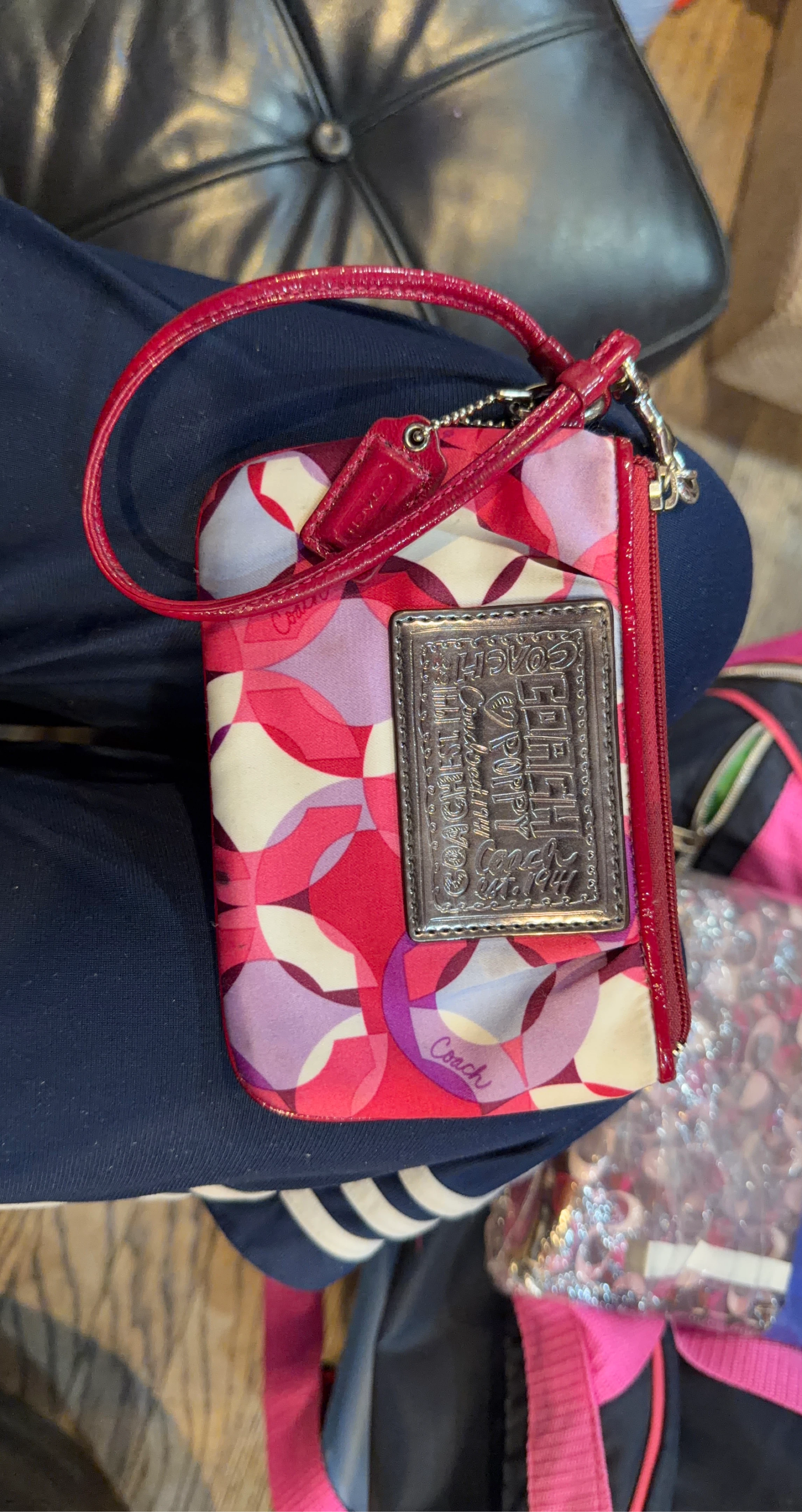 Coach Poppy Wristlet Pouch Red Pink Purple Geometric Print