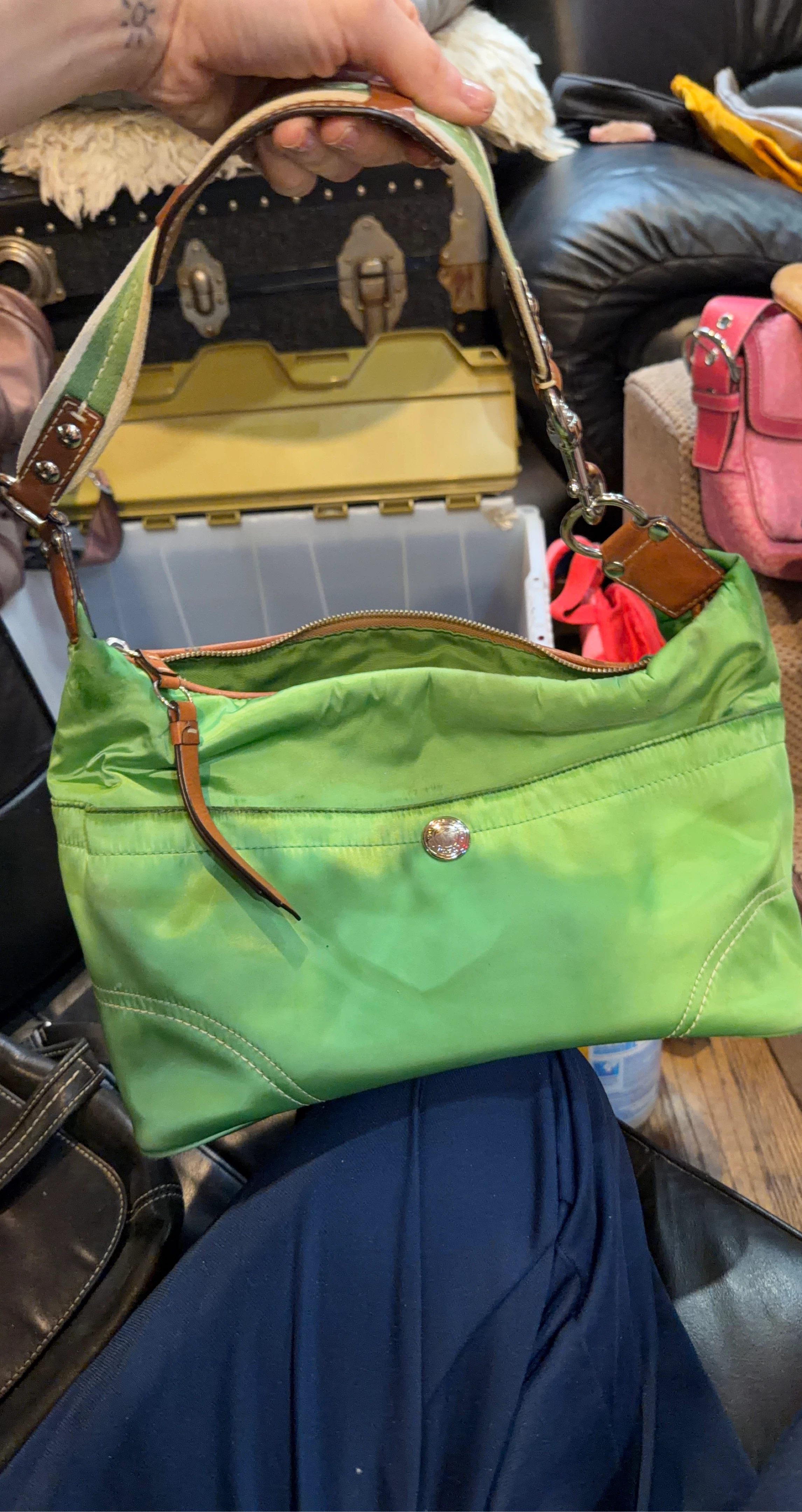 Bright Green Nylon Shoulder Bag with Leather Trim
