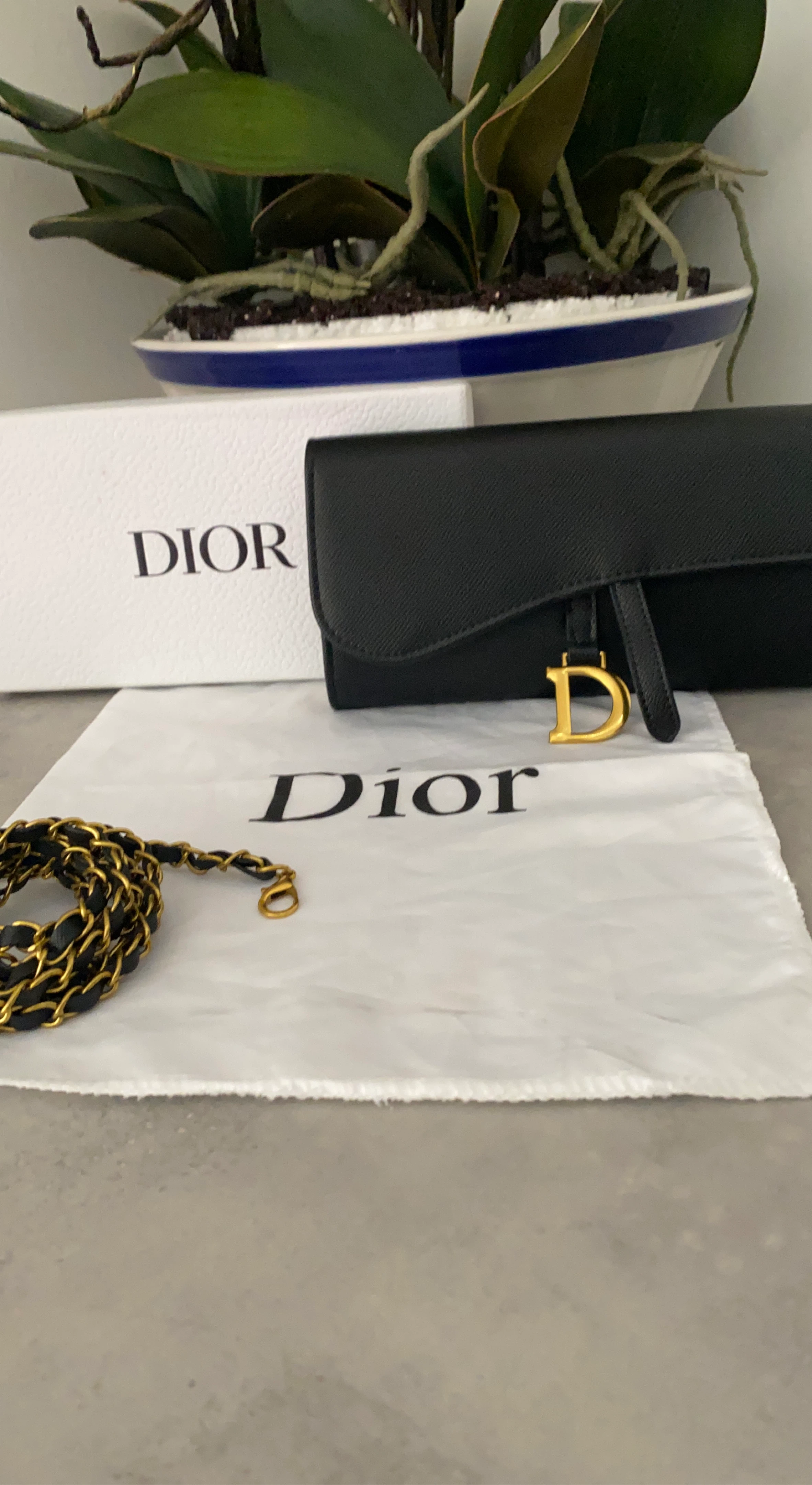 Dior Black Leather Wallet with Gold Chain