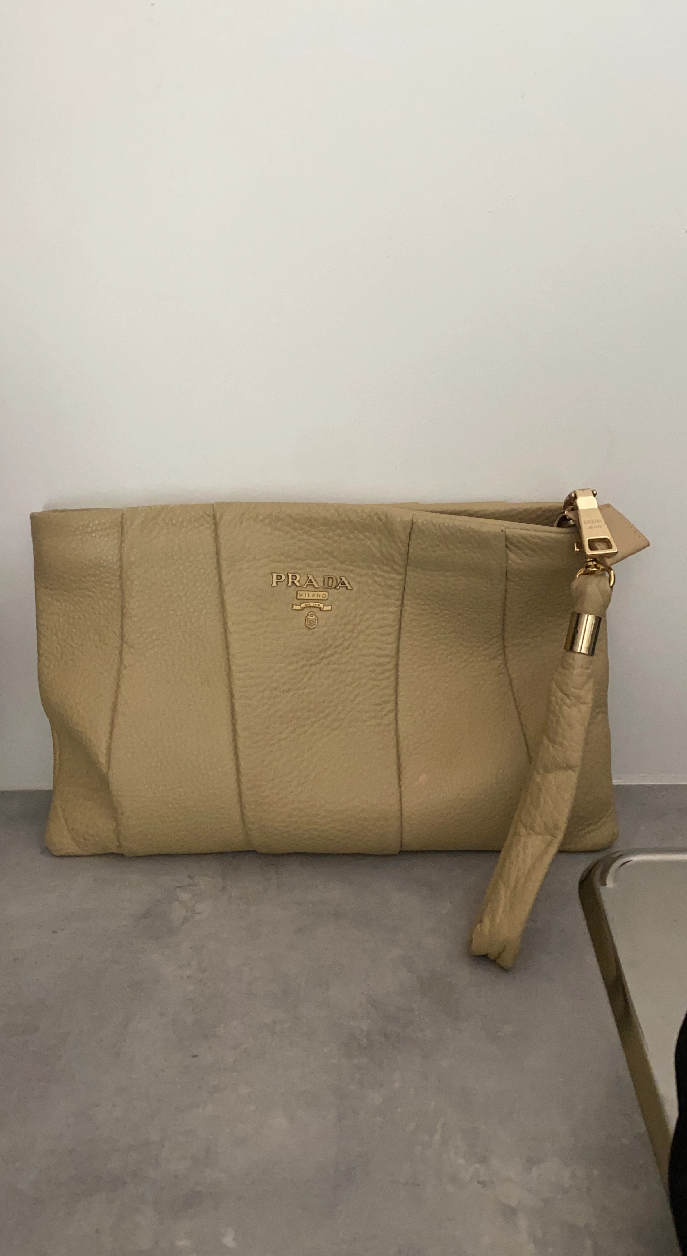 Prada Beige Leather Clutch with Tassel