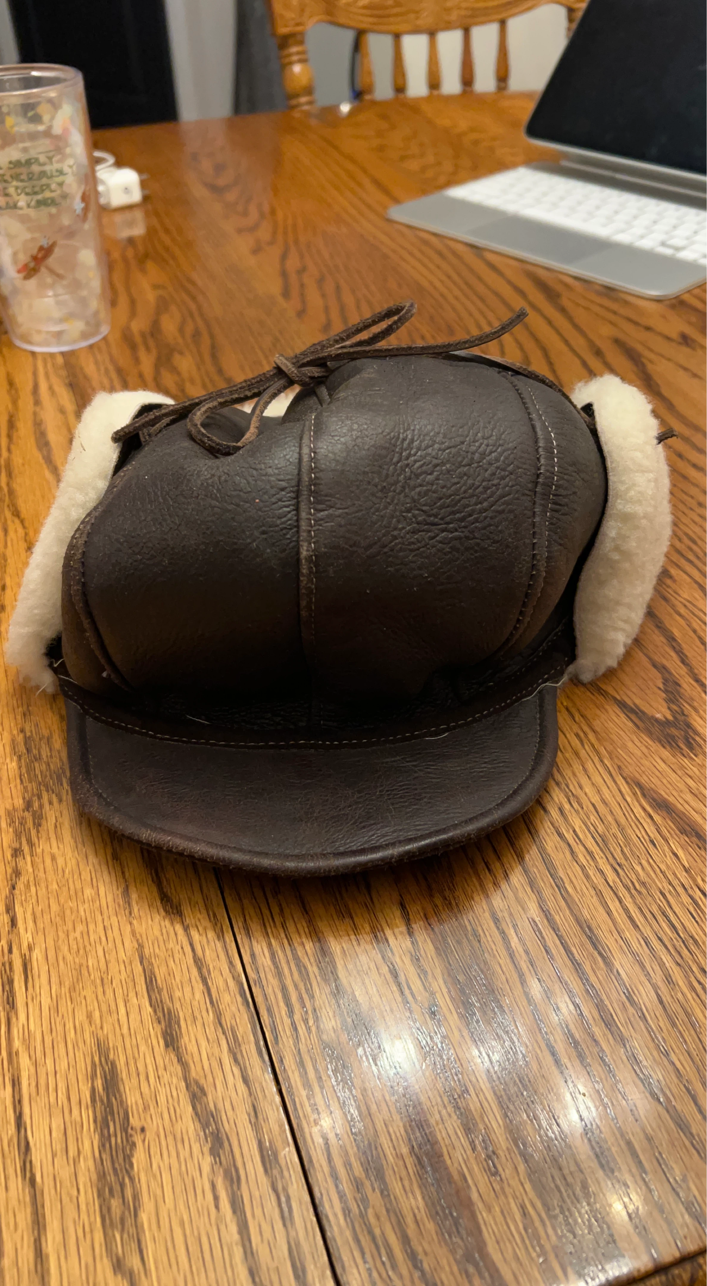 Brown Leather Trapper Hat with White Shearling