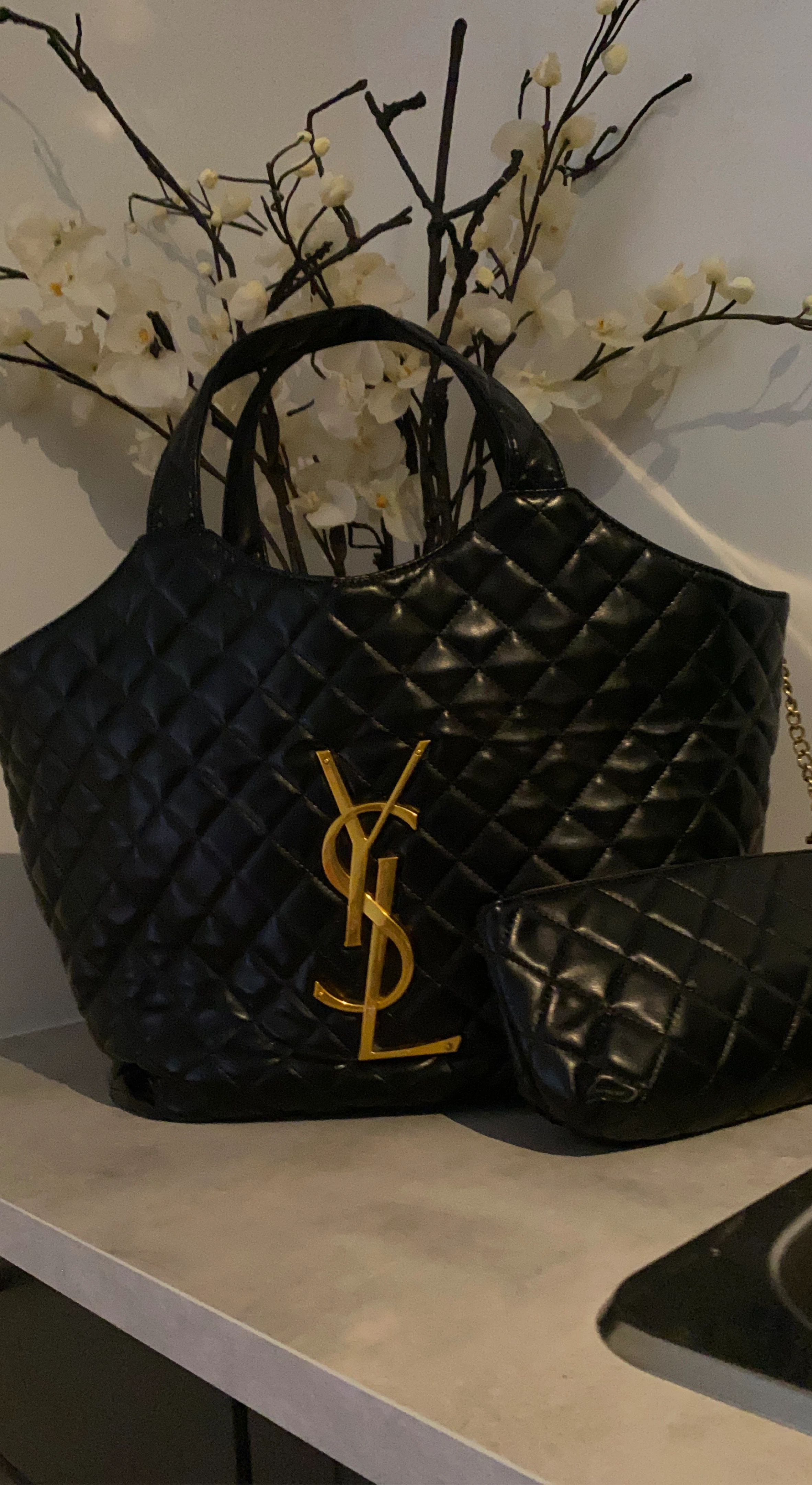 Yves Saint Laurent Black Quilted Tote Bag with Pouch