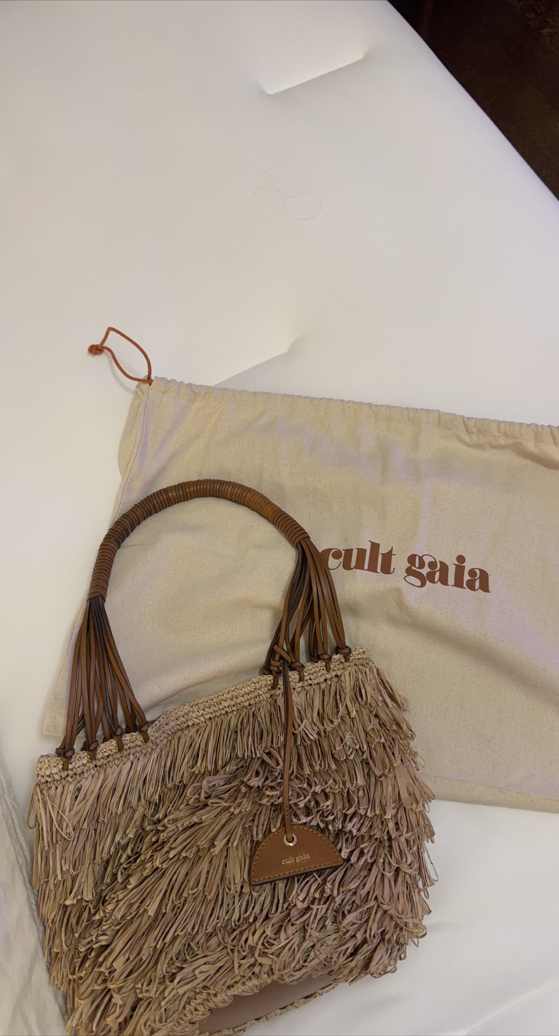 Cult Gaia Woven Raffia Tote Bag with Leather Handle