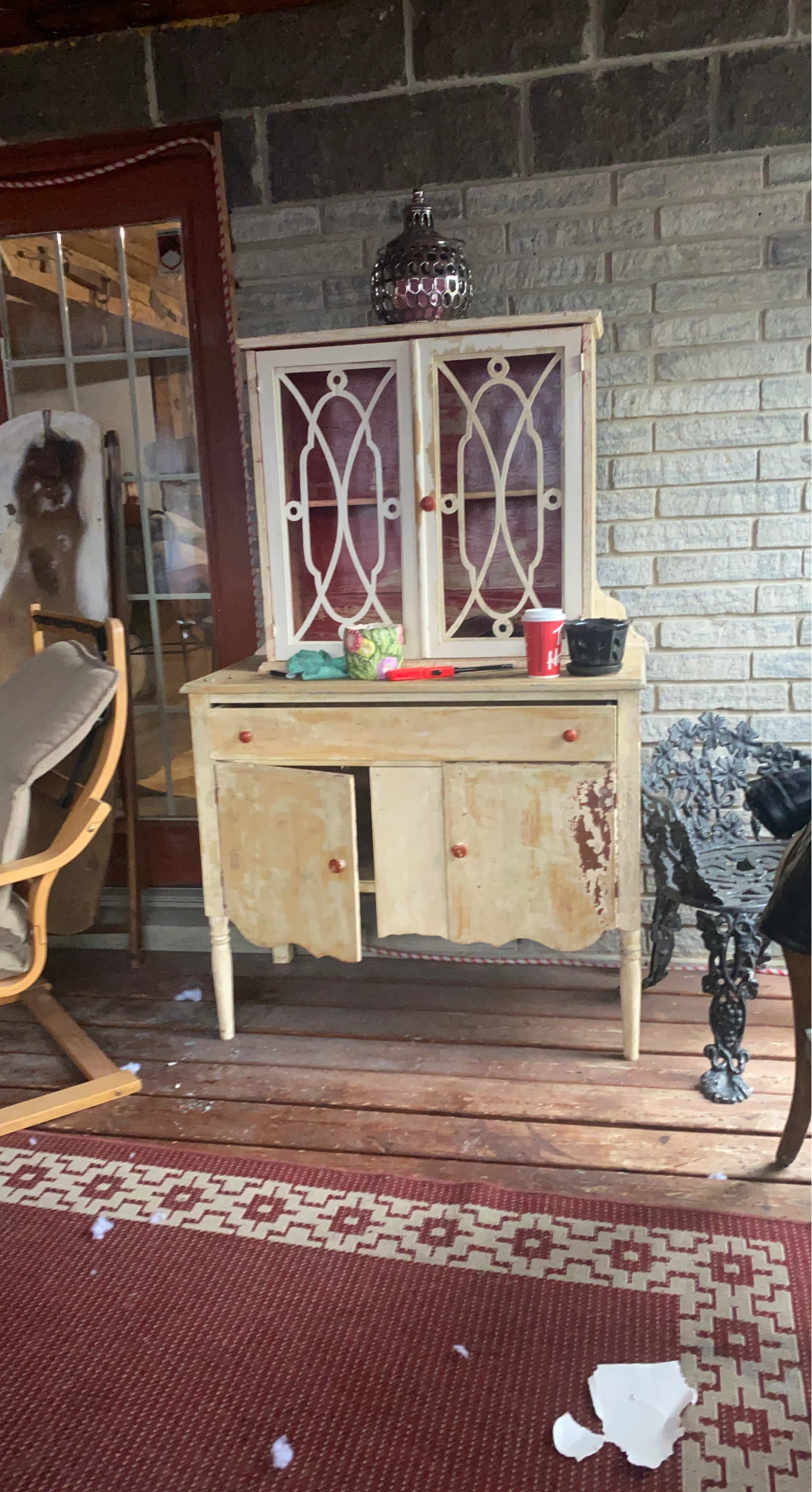 Cream and Red Distressed Wooden China Cabinet
