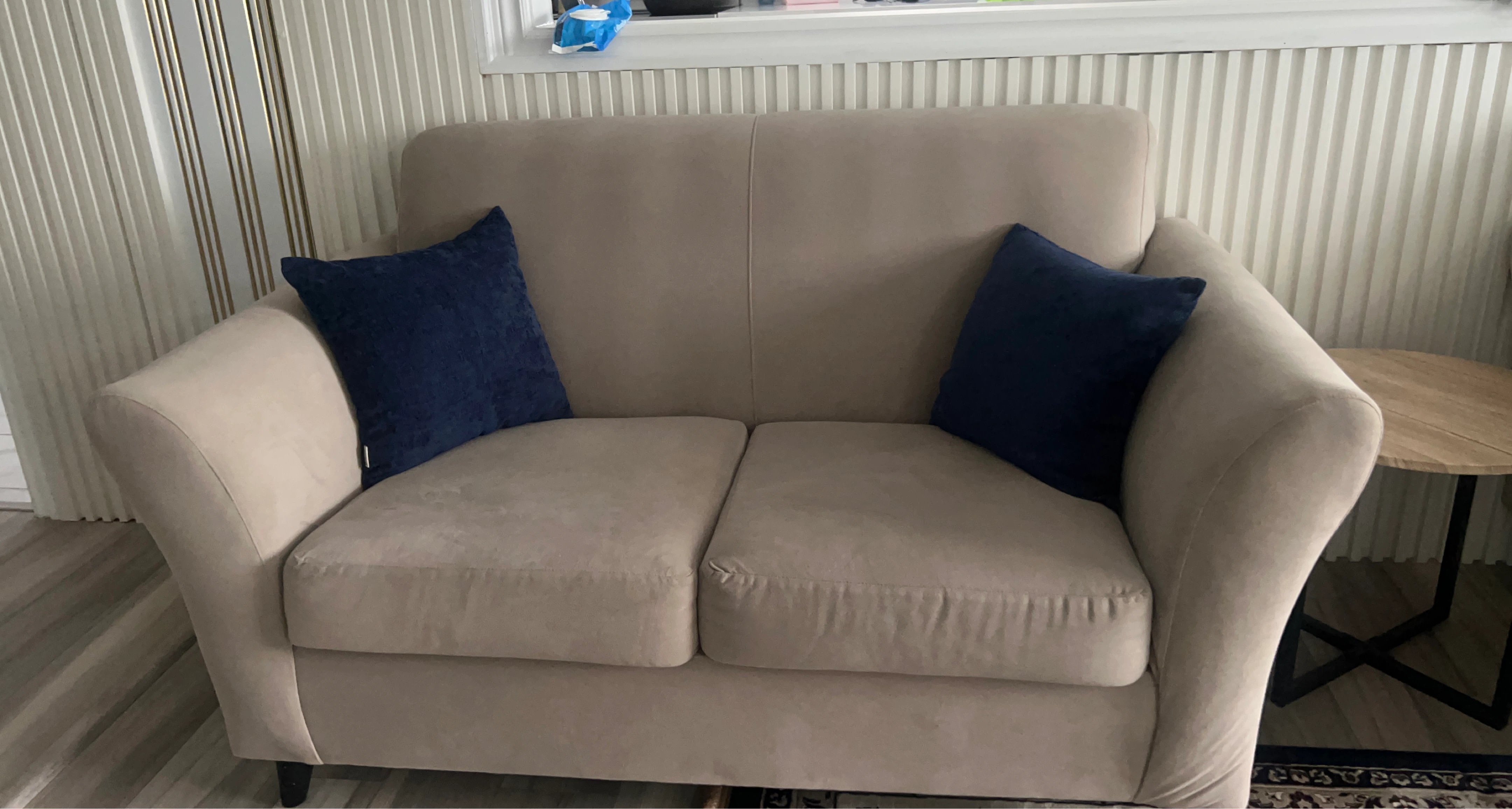 Beige 2 Loveseat Sofa with Blue Pillows