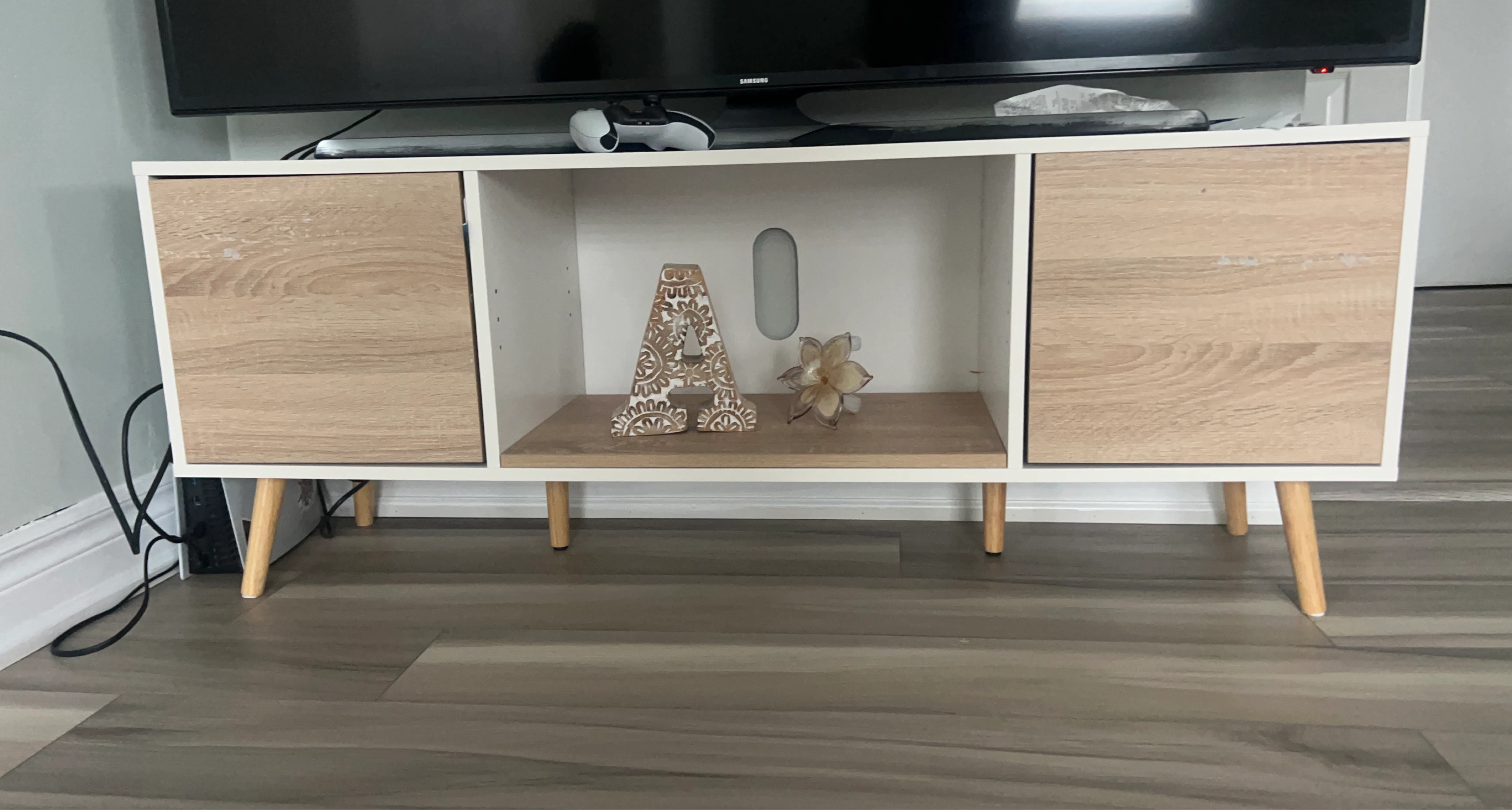 White and Wood TV Stand with Two Doors and Open Shelf