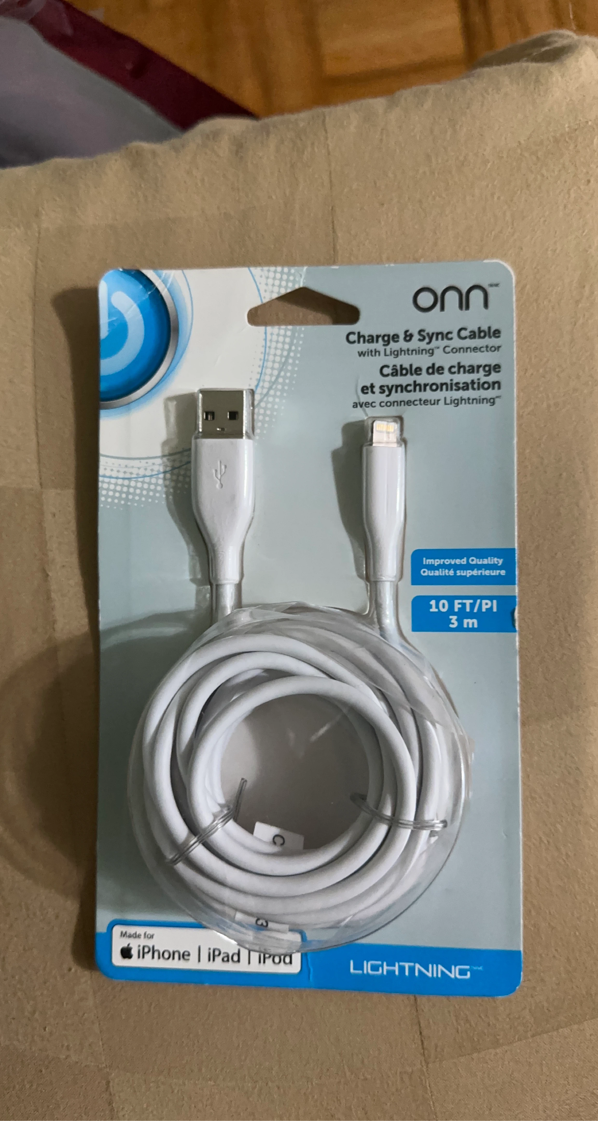 Onn Charge & Sync Cable with Lightning Connector - White, 10 FT