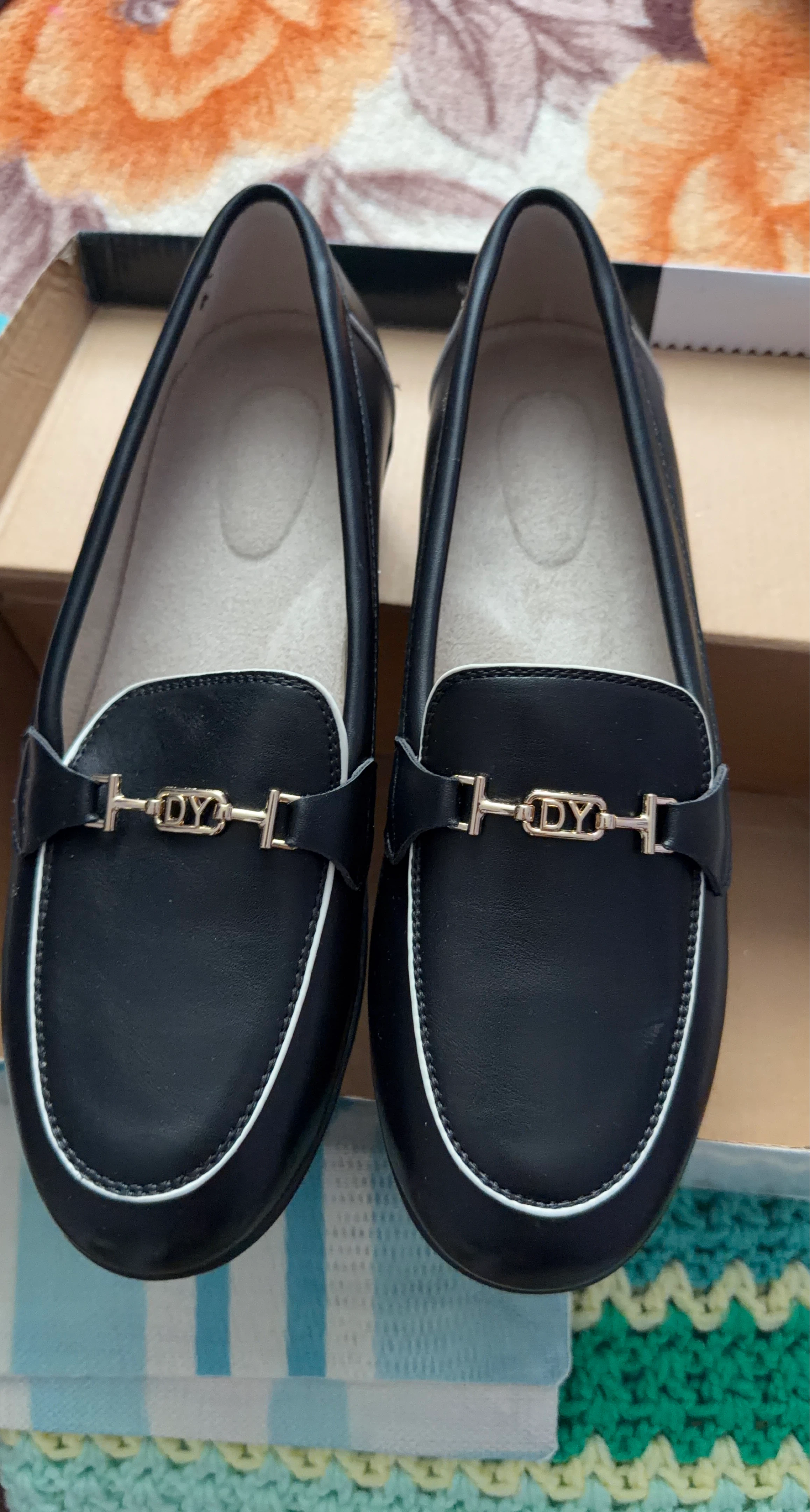 Black Loafers with Gold DY Buckle