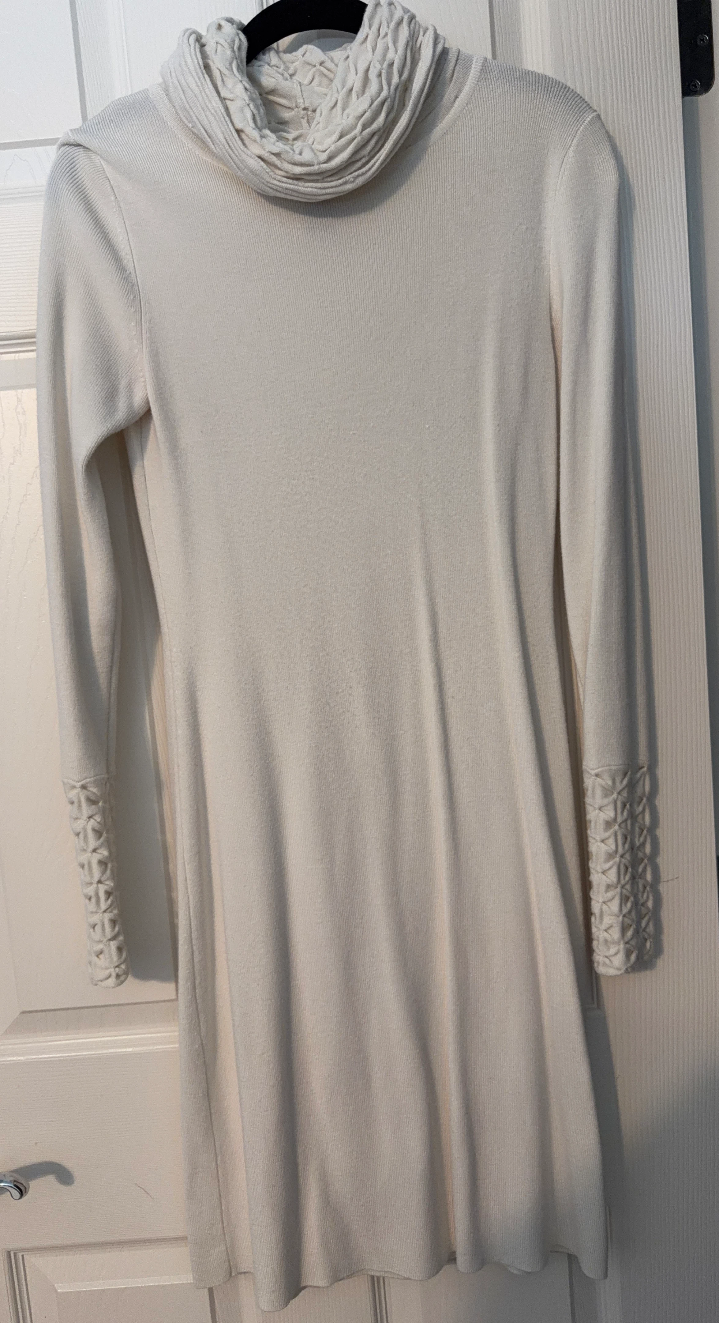Off-White Cowl Neck Sweater Dress with Textured Cuffs and Collar