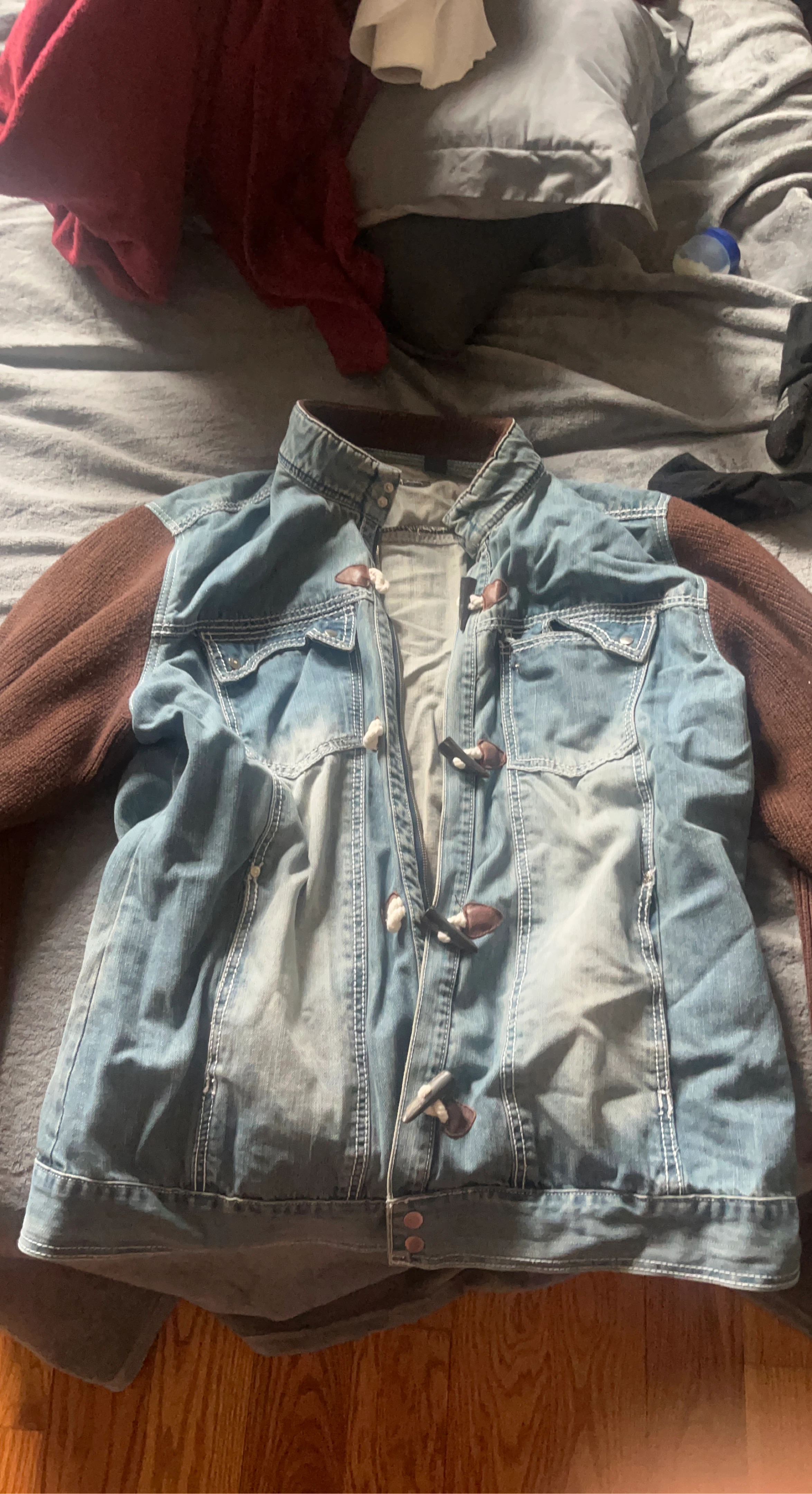 Denim Jacket with Brown Knit Sleeves