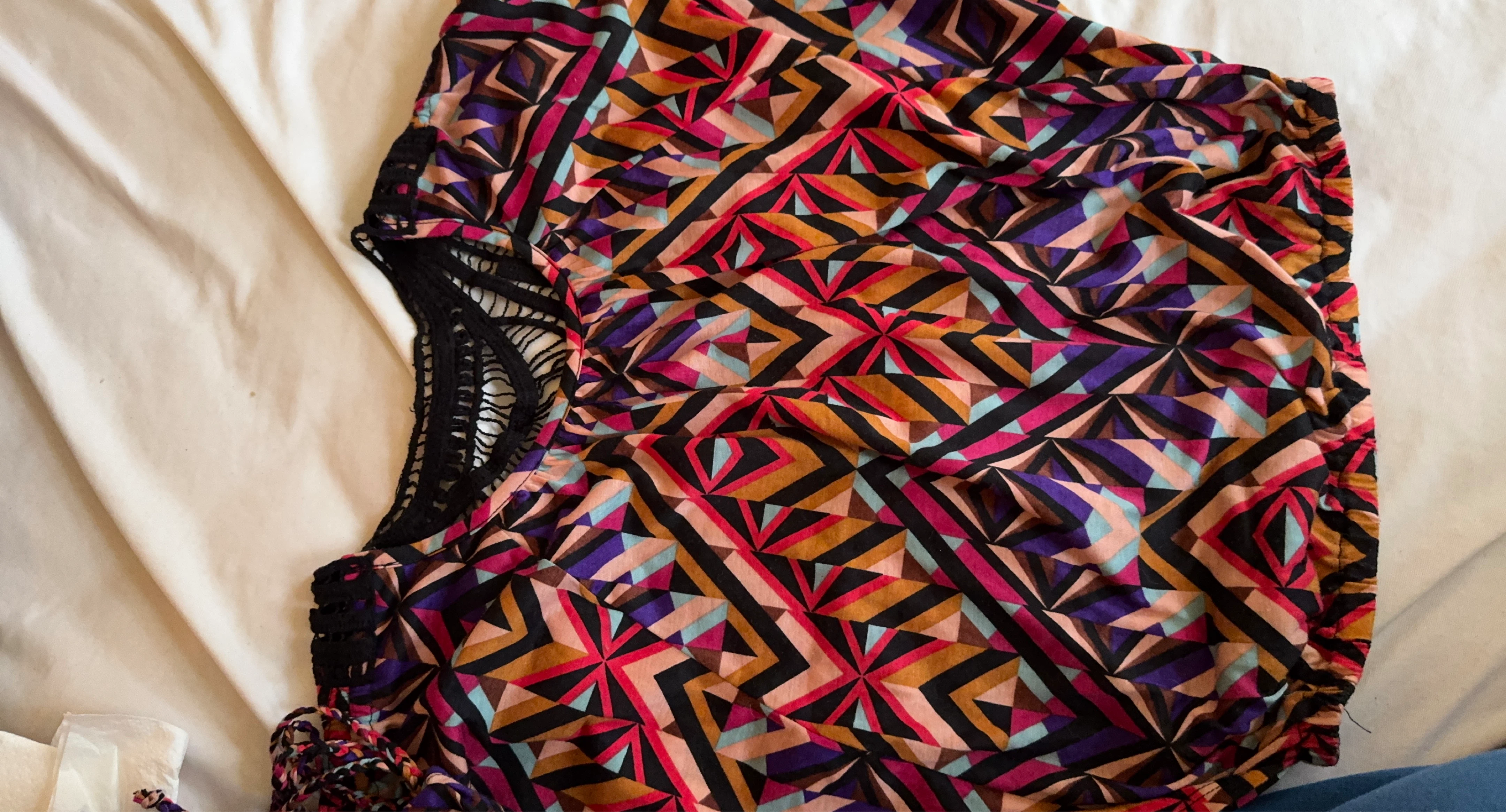 Bohemian Geometric Print Top with Crochet Detail