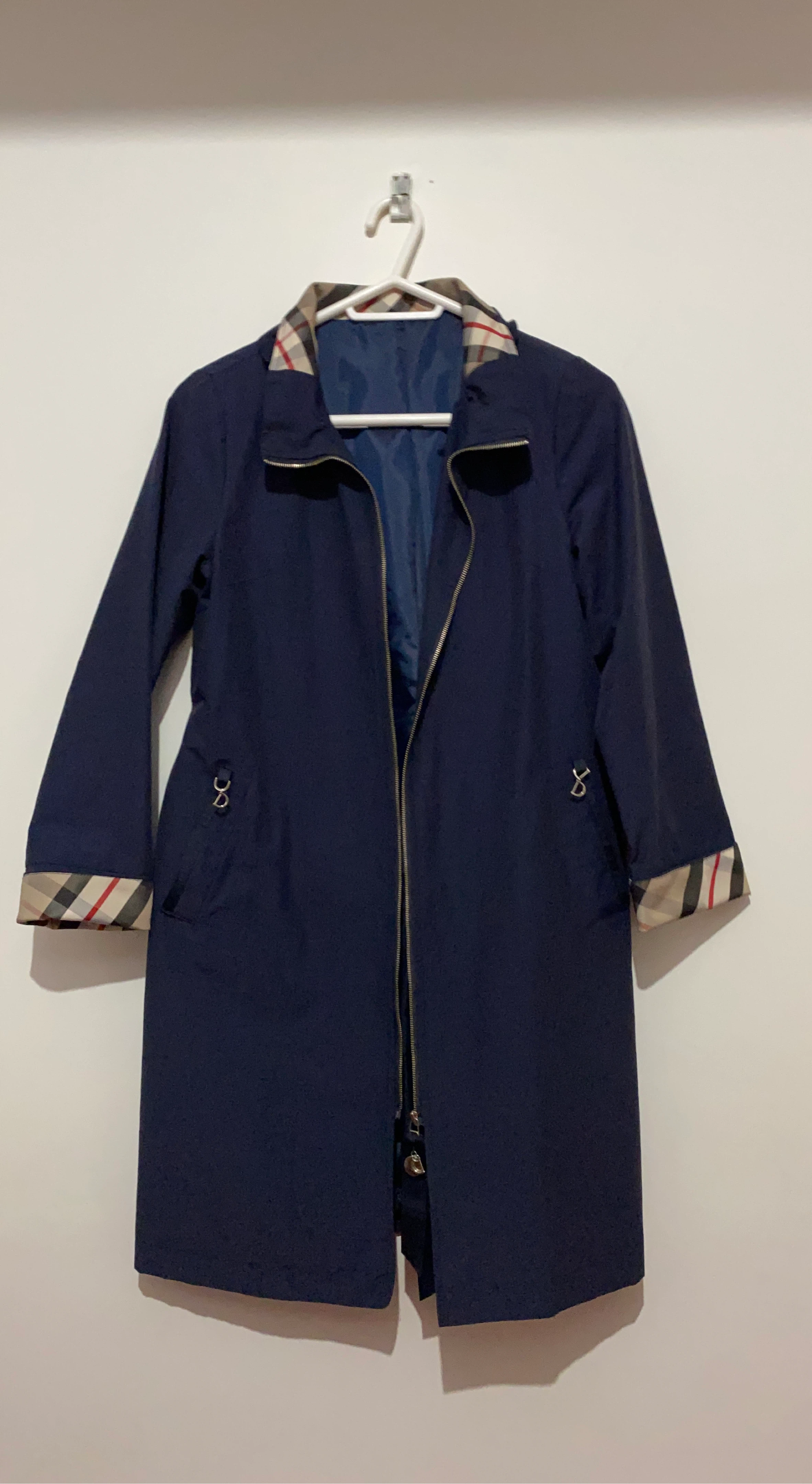 Navy Trench Coat with Plaid Accents
