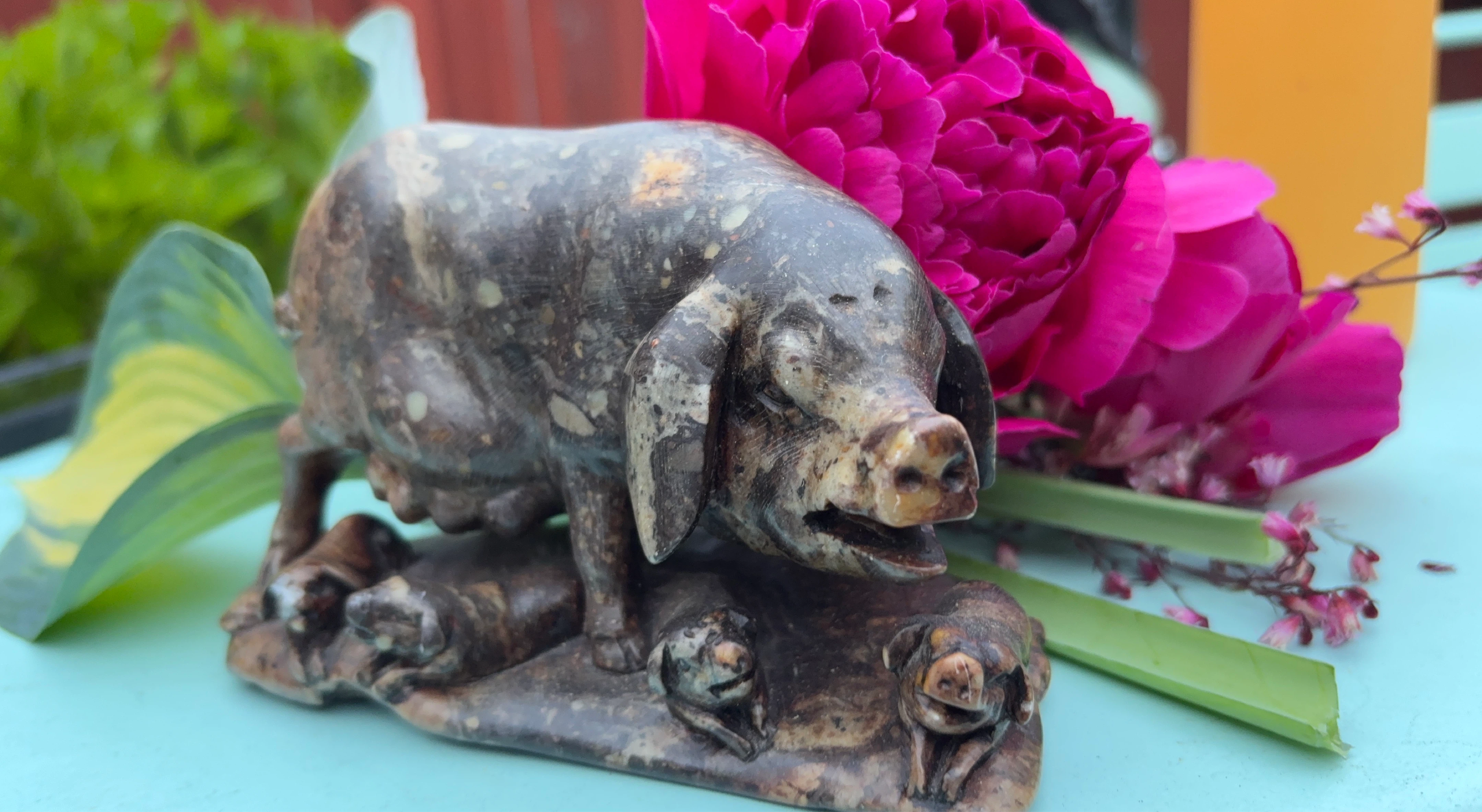 Hand-Carved Soapstone Pig Figurine with Piglets