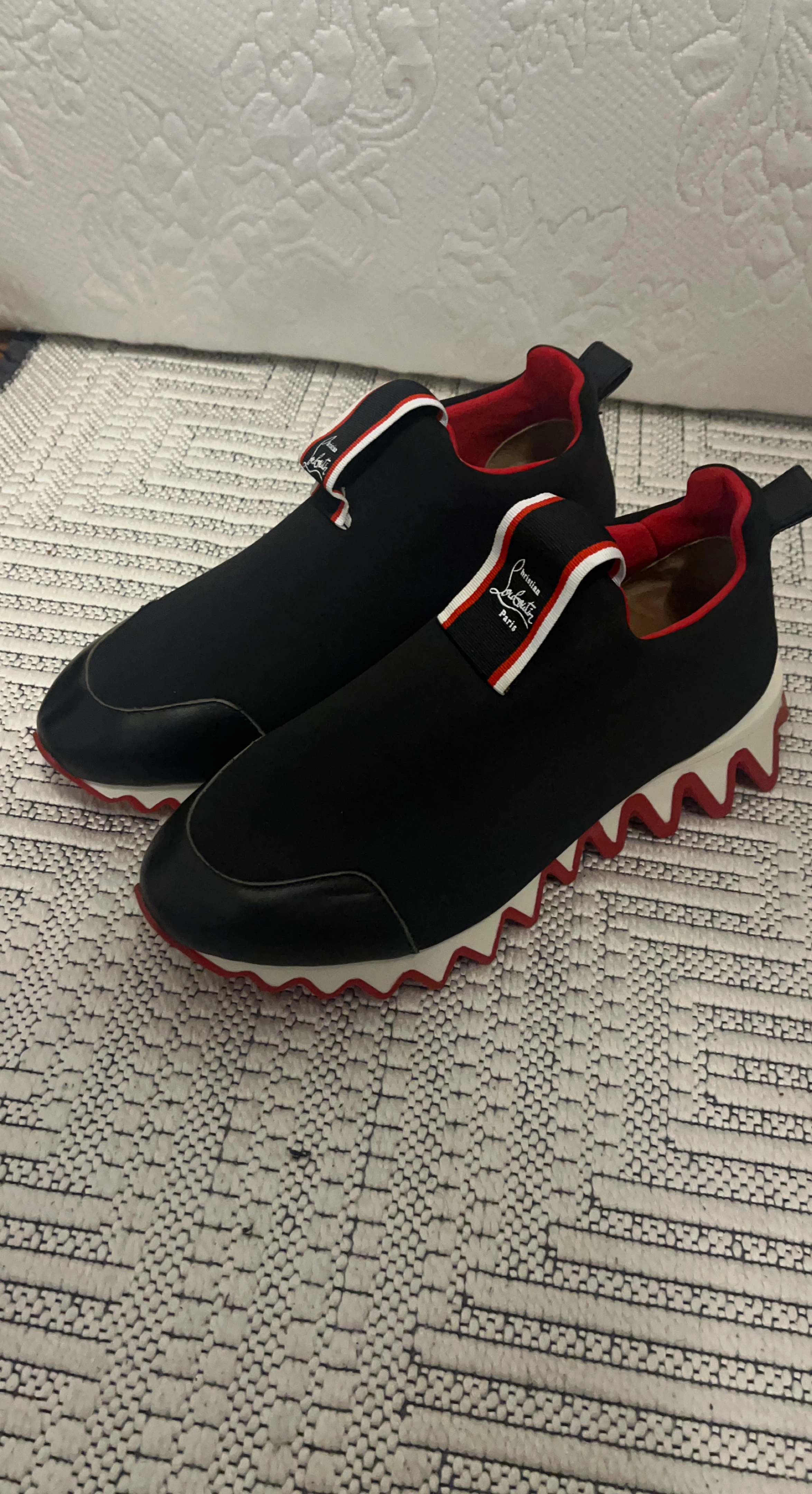 Christian Louboutin Black Red Spike Sole Slip-On Sneakers