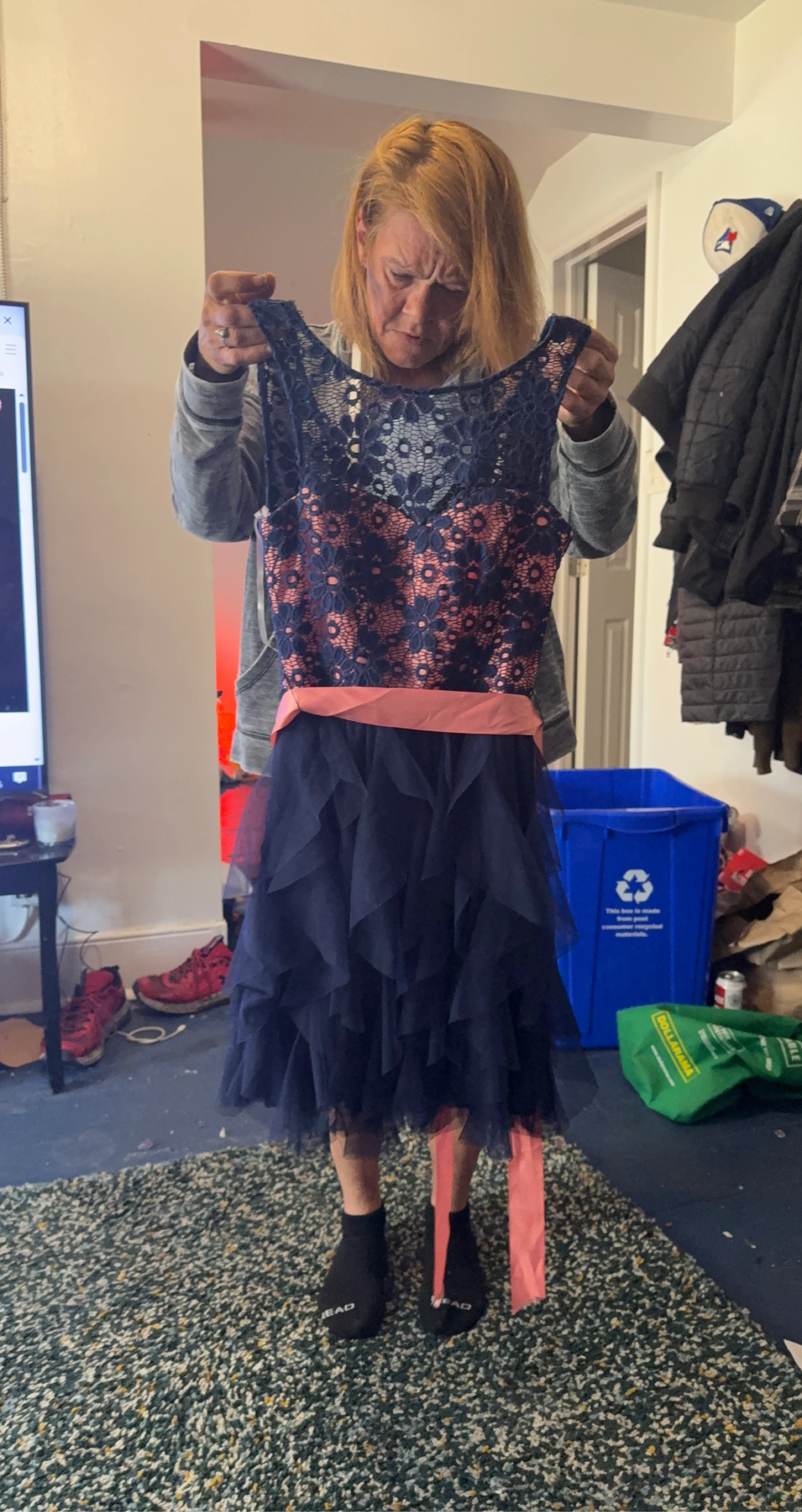 Girls XS LE CHATEAU Navy Lace and Tulle Dress with Pink Sash
