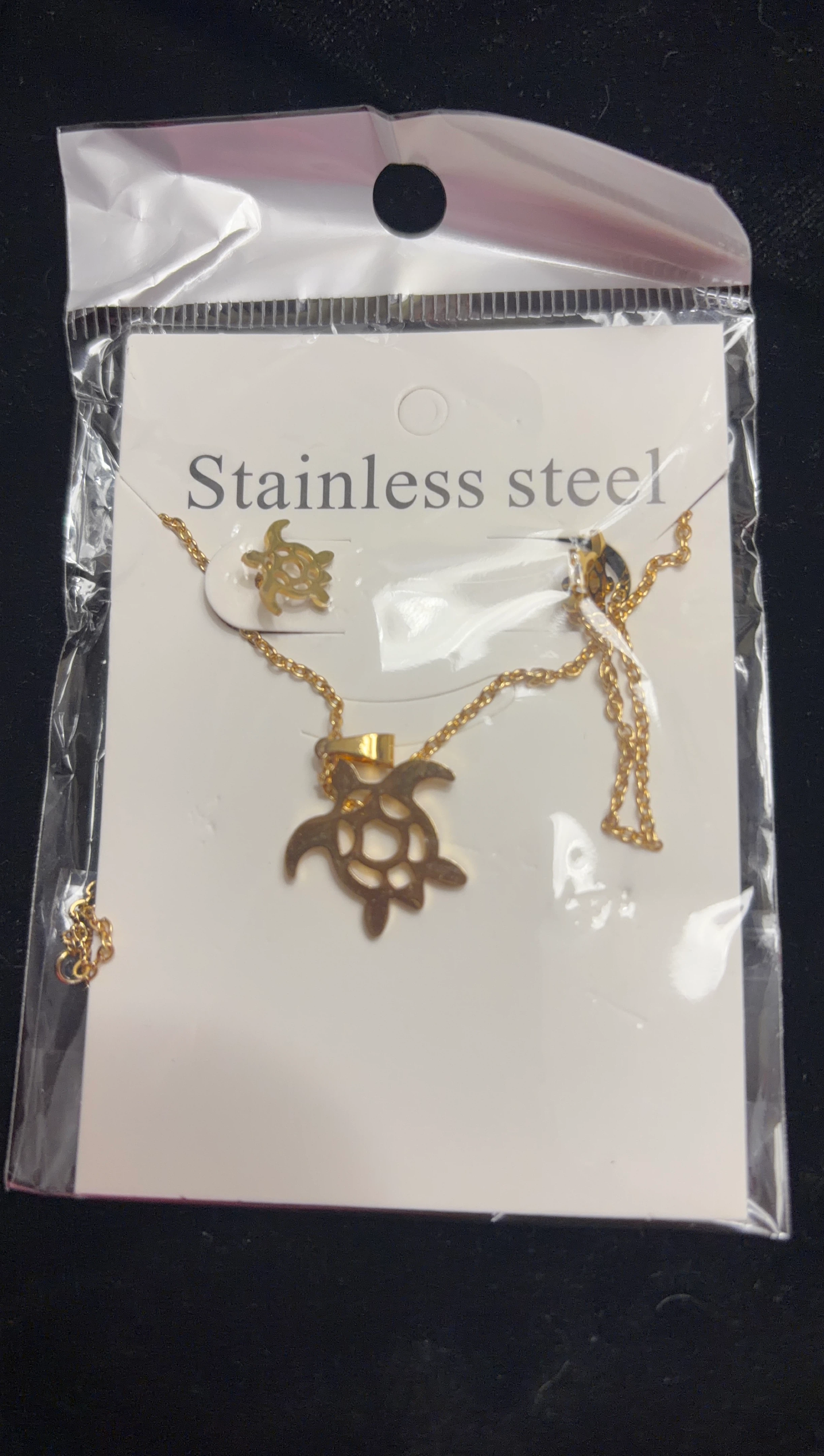 Gold Stainless Steel Turtle Necklace and Earring Set