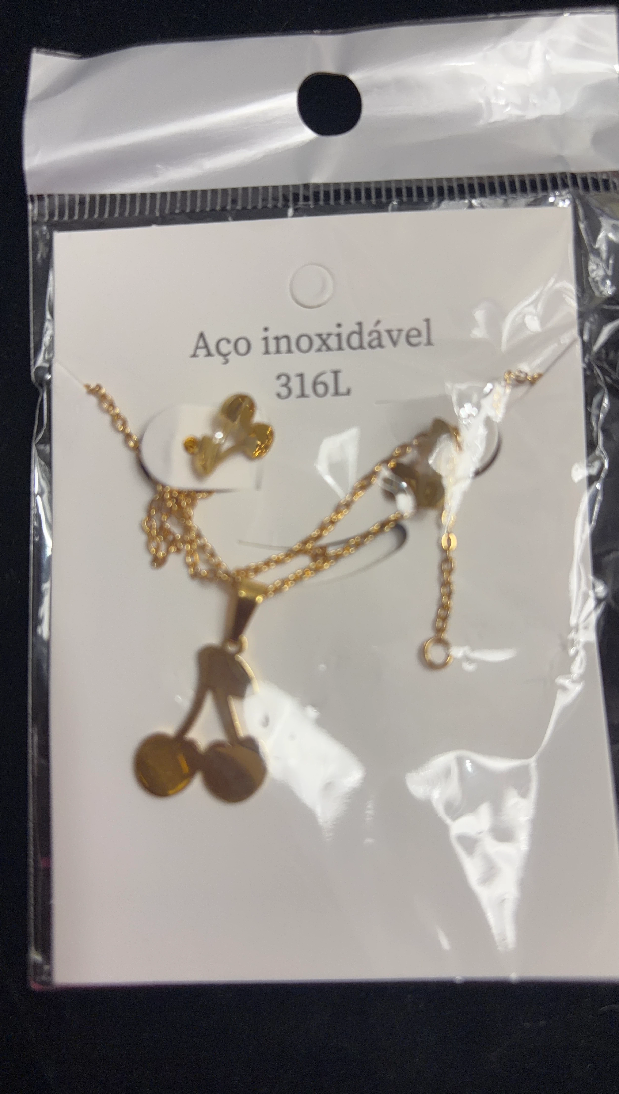 Gold Cherry Necklace and Earring Set - Stainless Steel