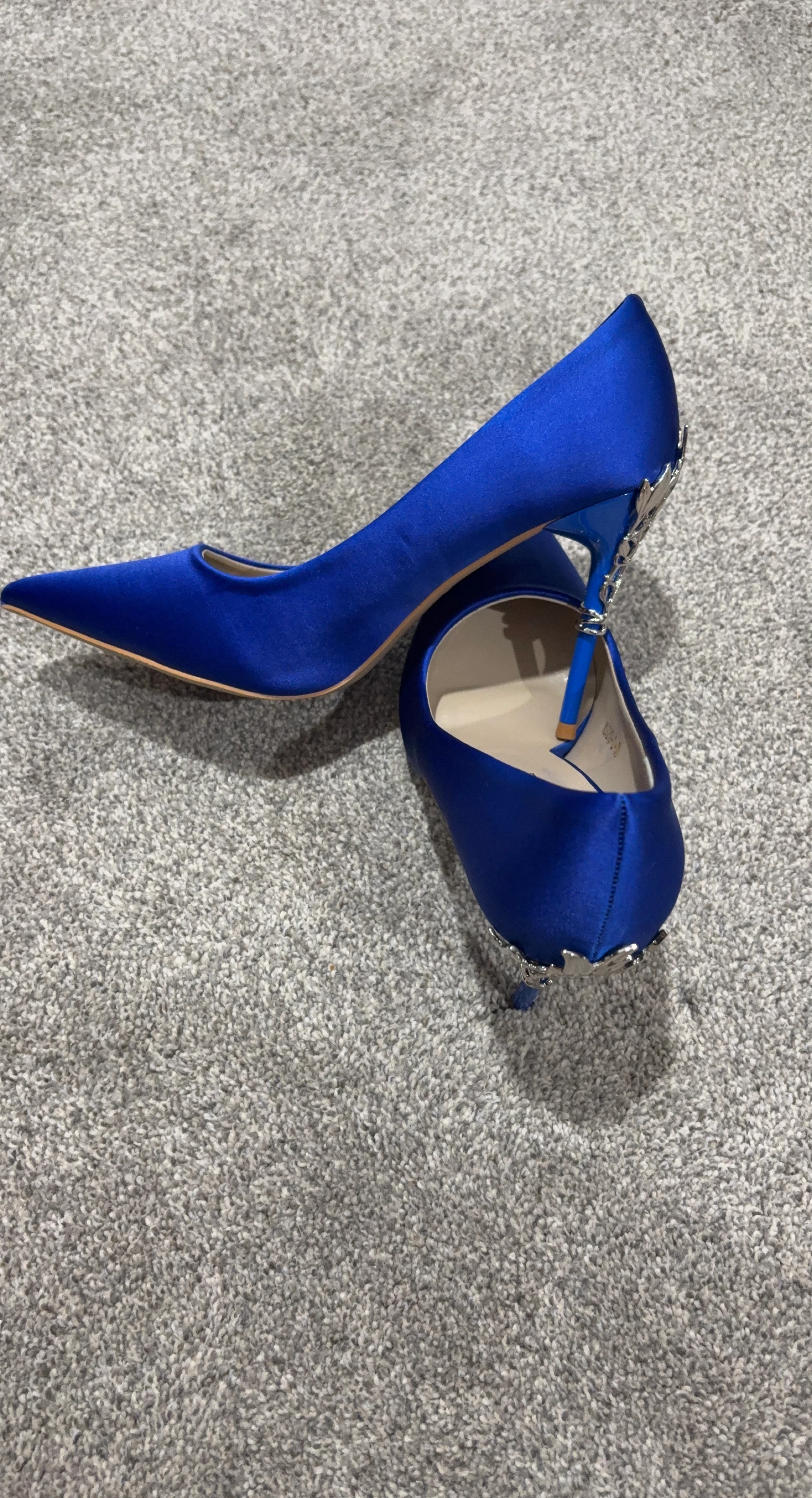 BIGTREE Blue Satin Stiletto Heel Pumps with Silver Embellishment