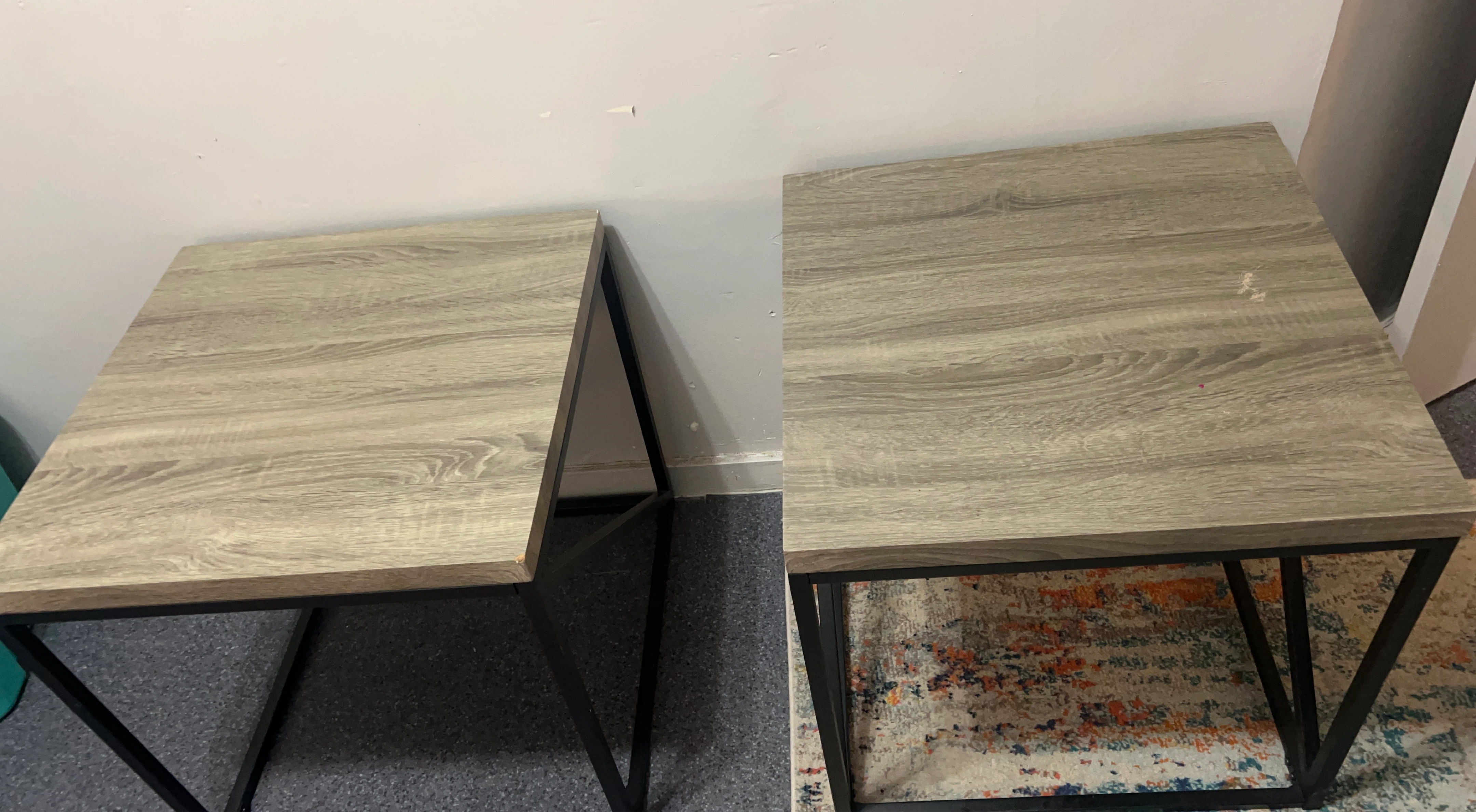 Set of 2 Wood Grain End Tables with Black Metal Frame