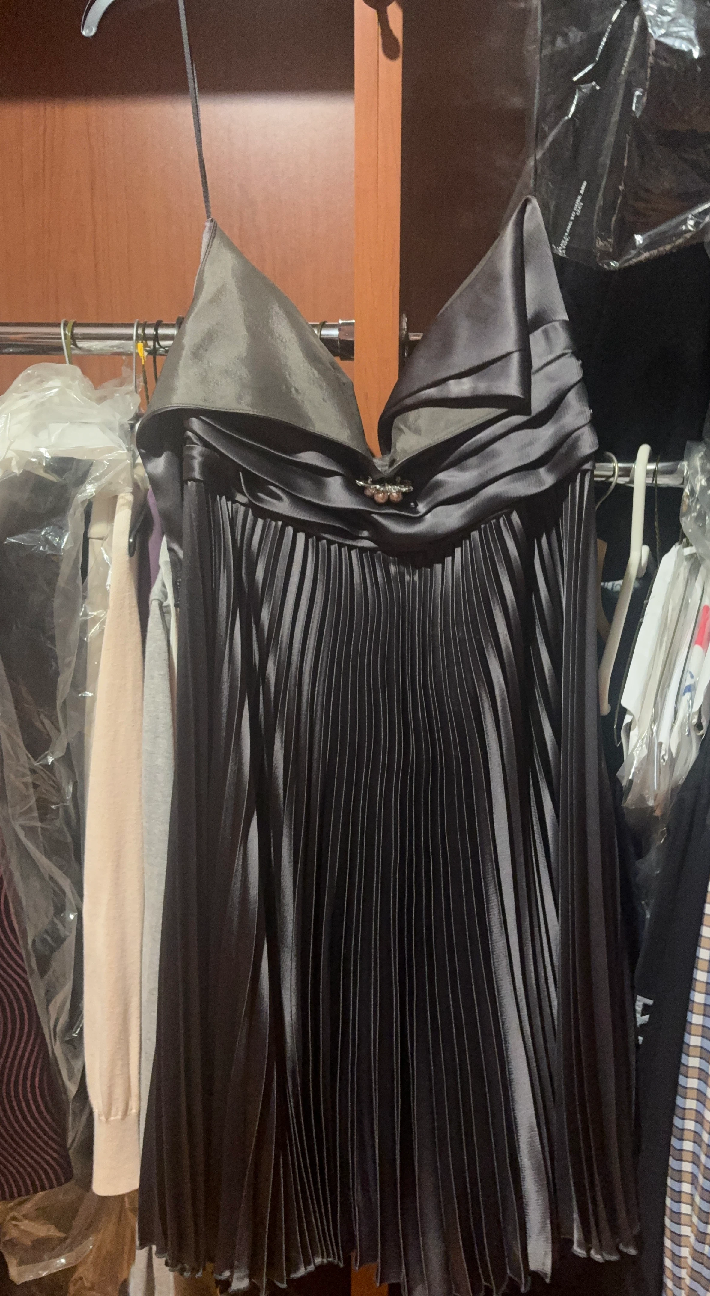 Pleated Black Formal Dress with Embellished Neckline