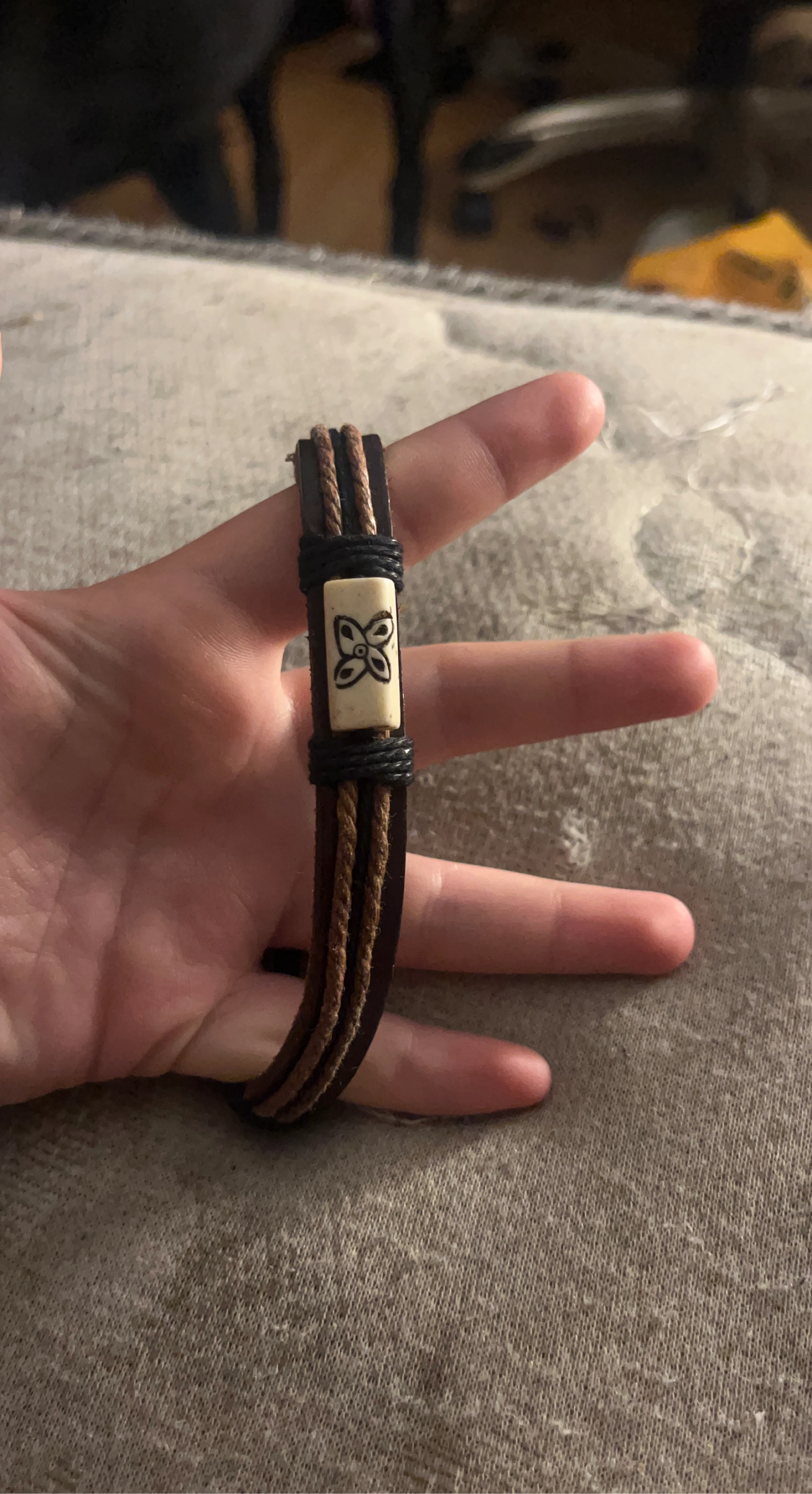 Braided Leather Bracelet with Carved Bead