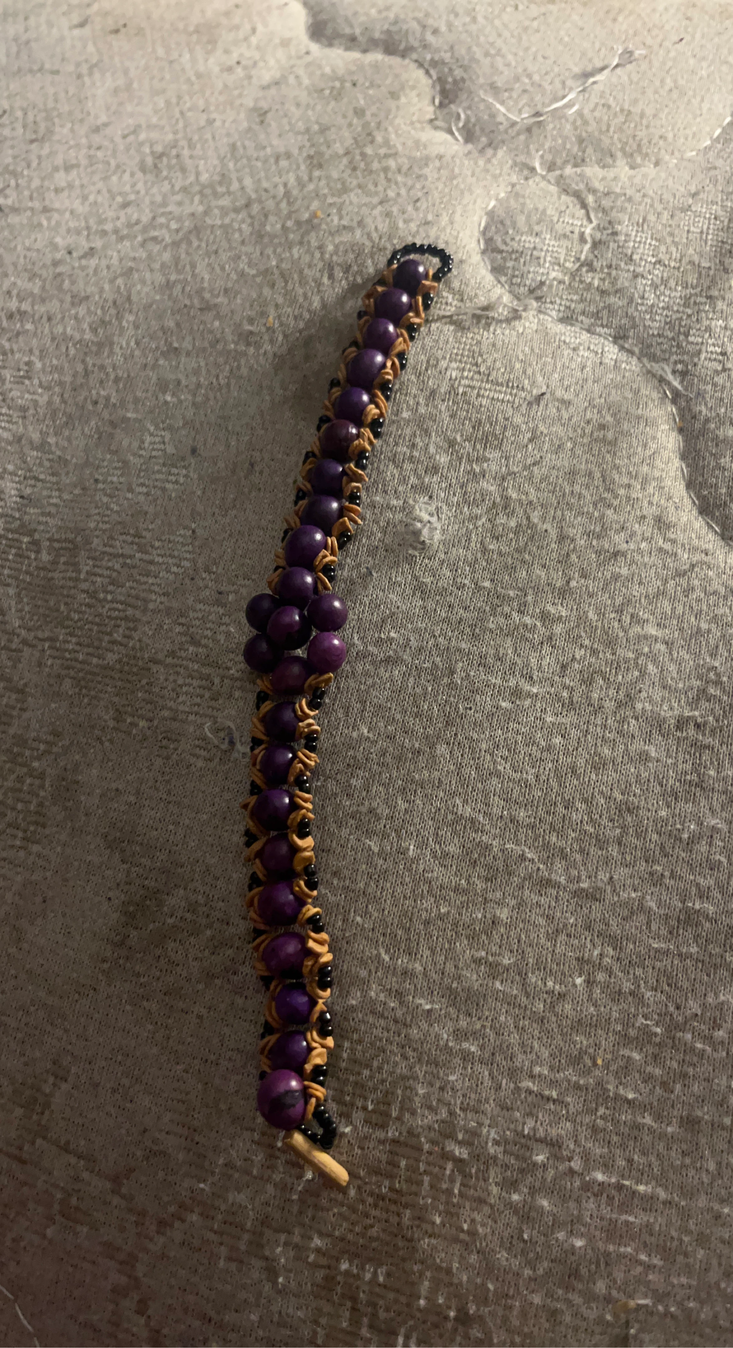 Purple Beaded Bracelet with Wood Accent