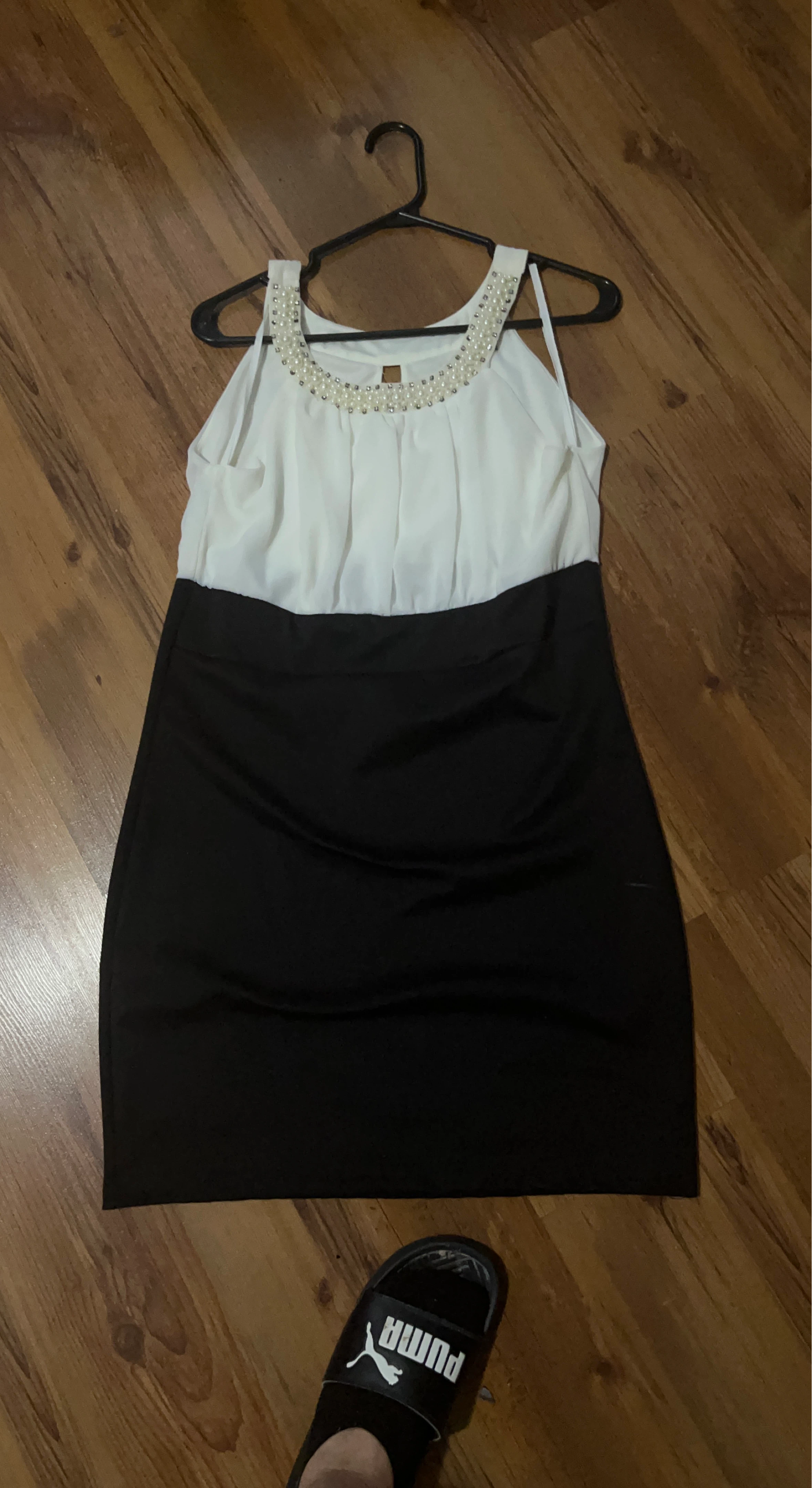 White & Black Embellished Neckline Dress