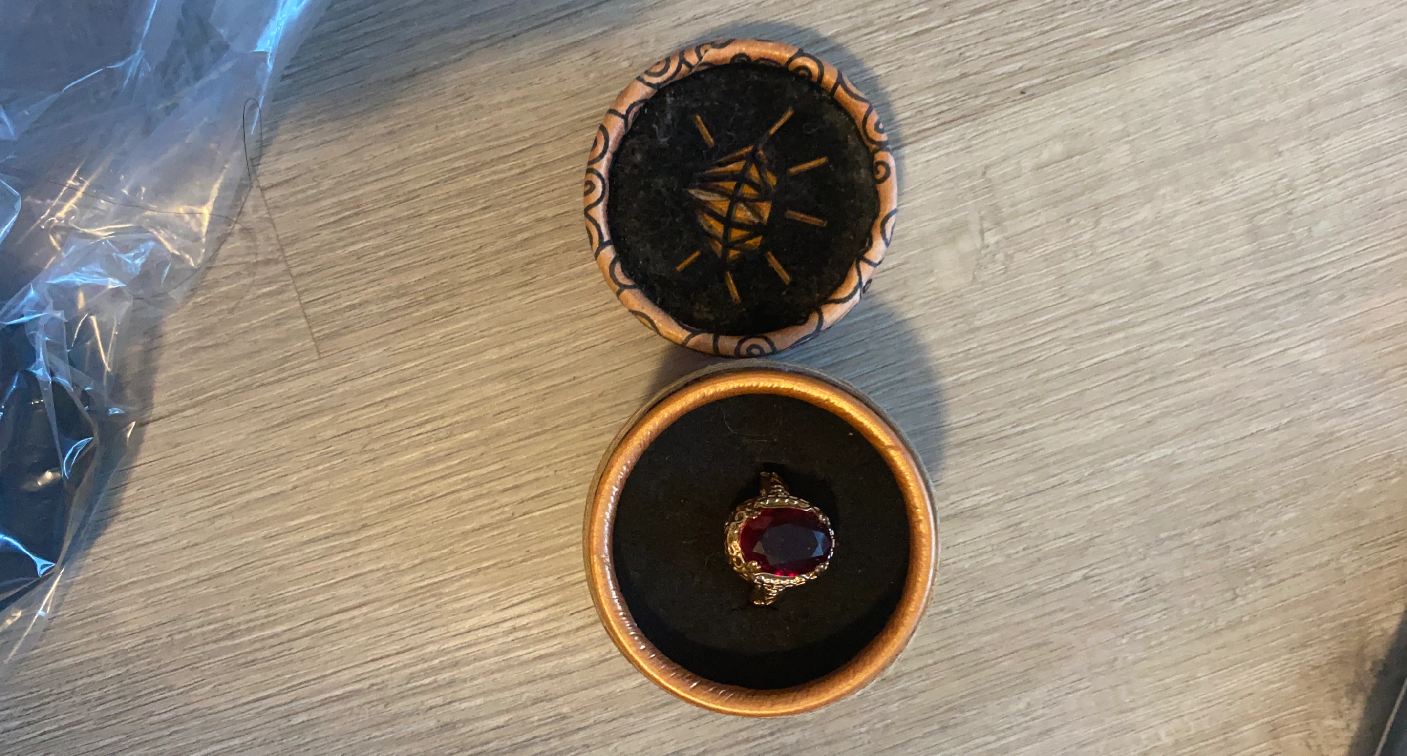 Gold Tone Red Gemstone Ring with Box