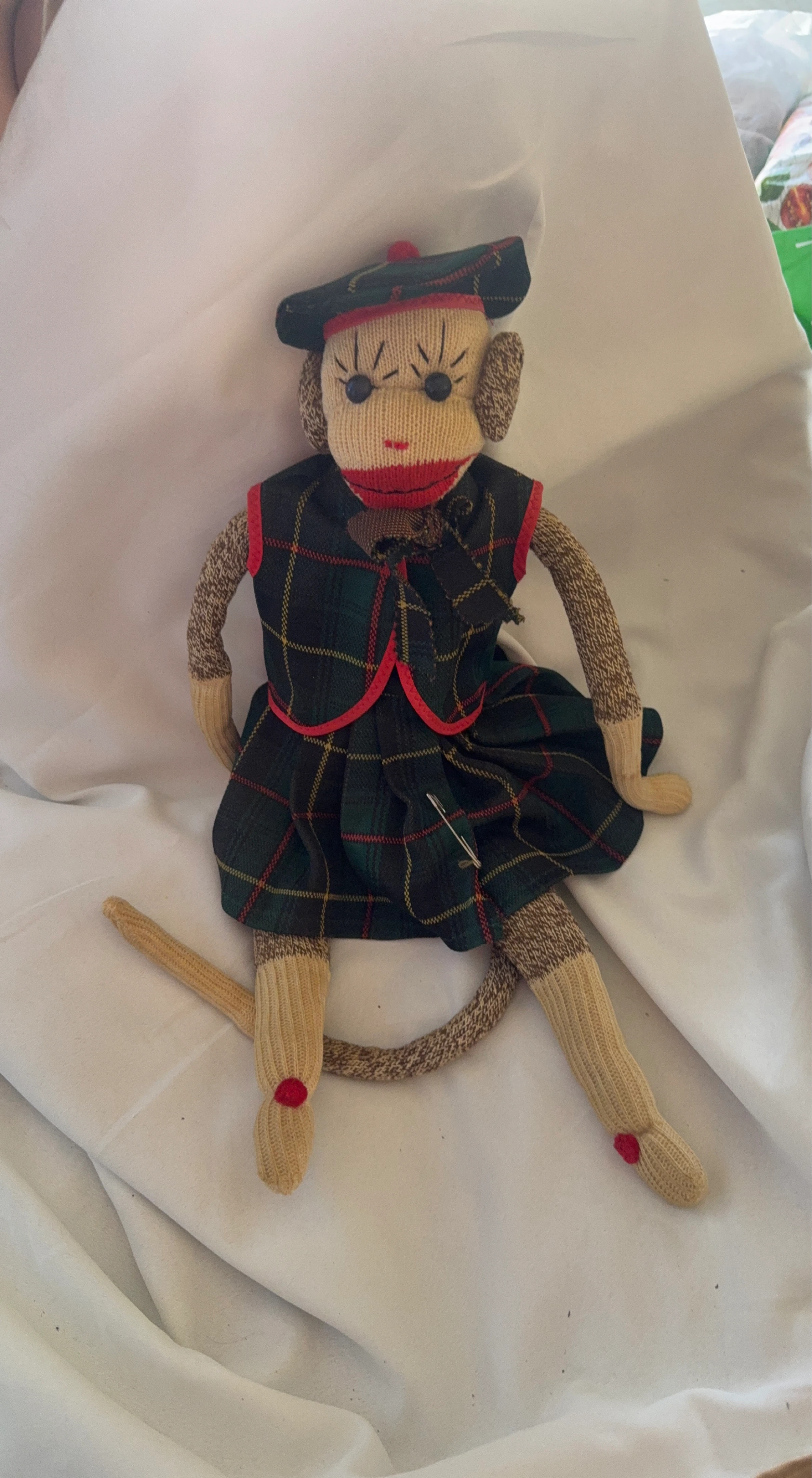 Sock Monkey Toy in Tartan Outfit