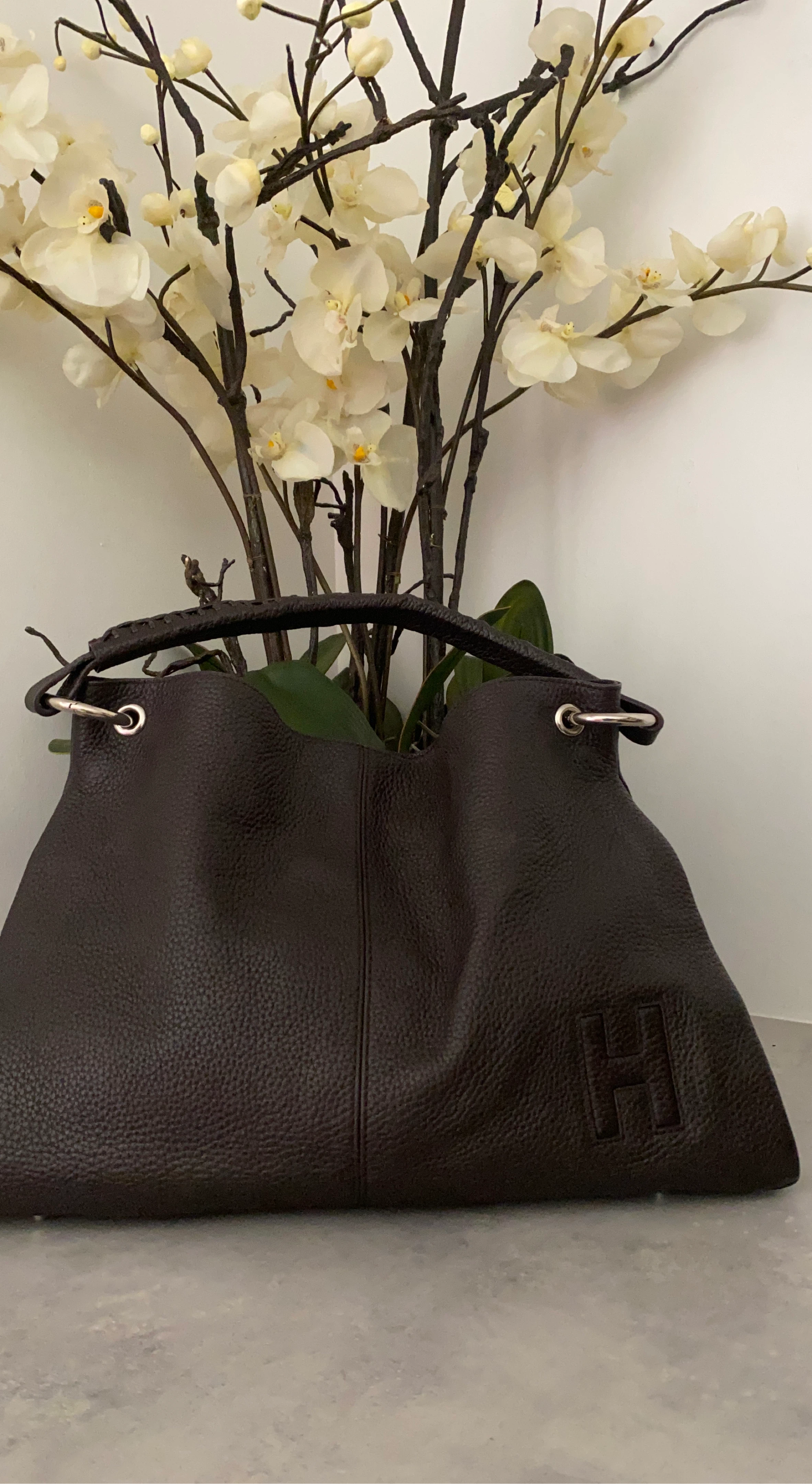 Dark Brown Leather Hobo Bag with "H" Emblem