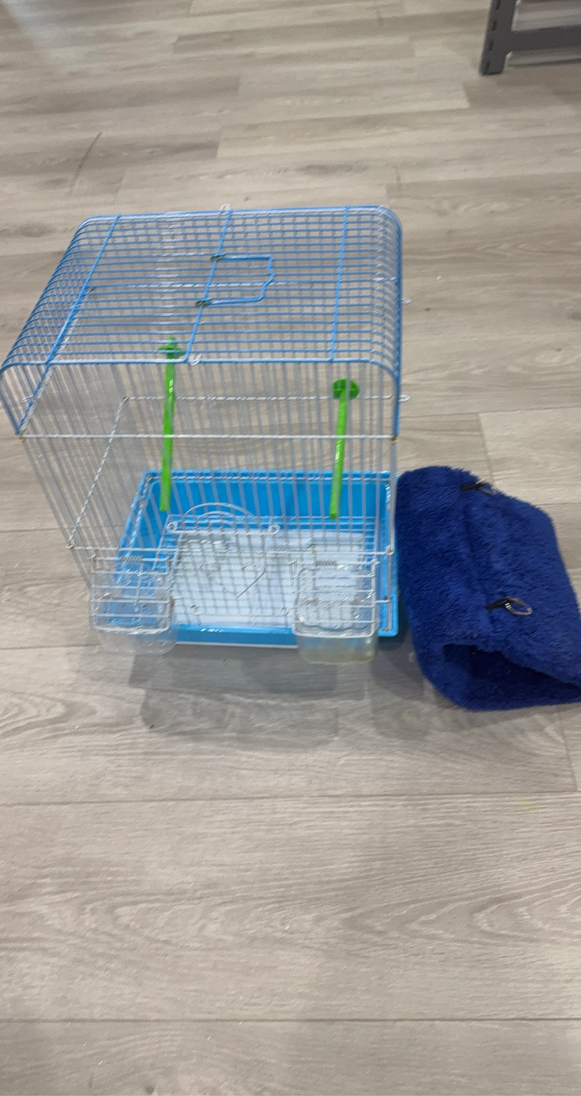 Blue and Silver Small Animal Cage with Blue Fluffy Hideaway