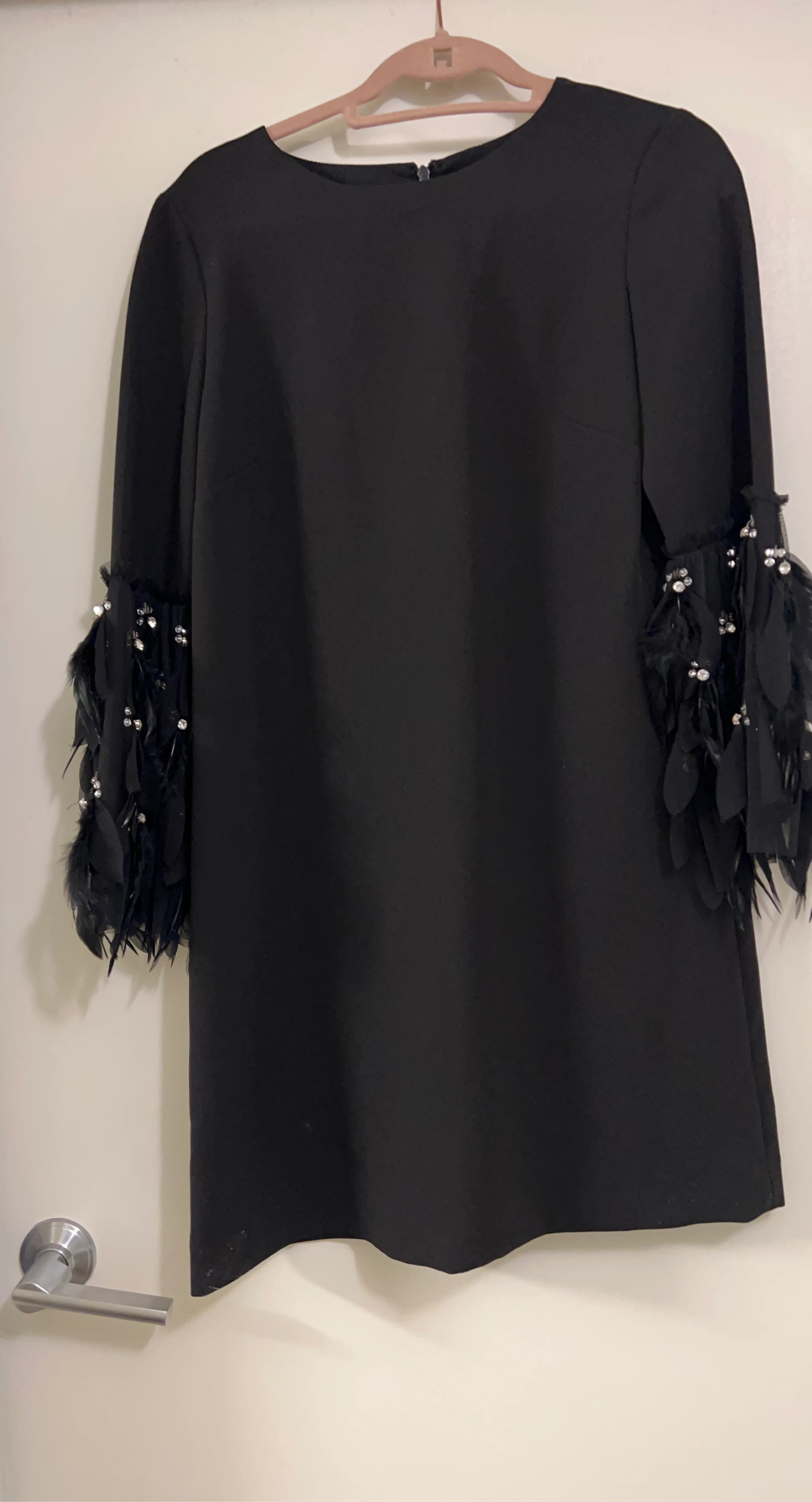 Black dress with feather and rhinestone sleeves