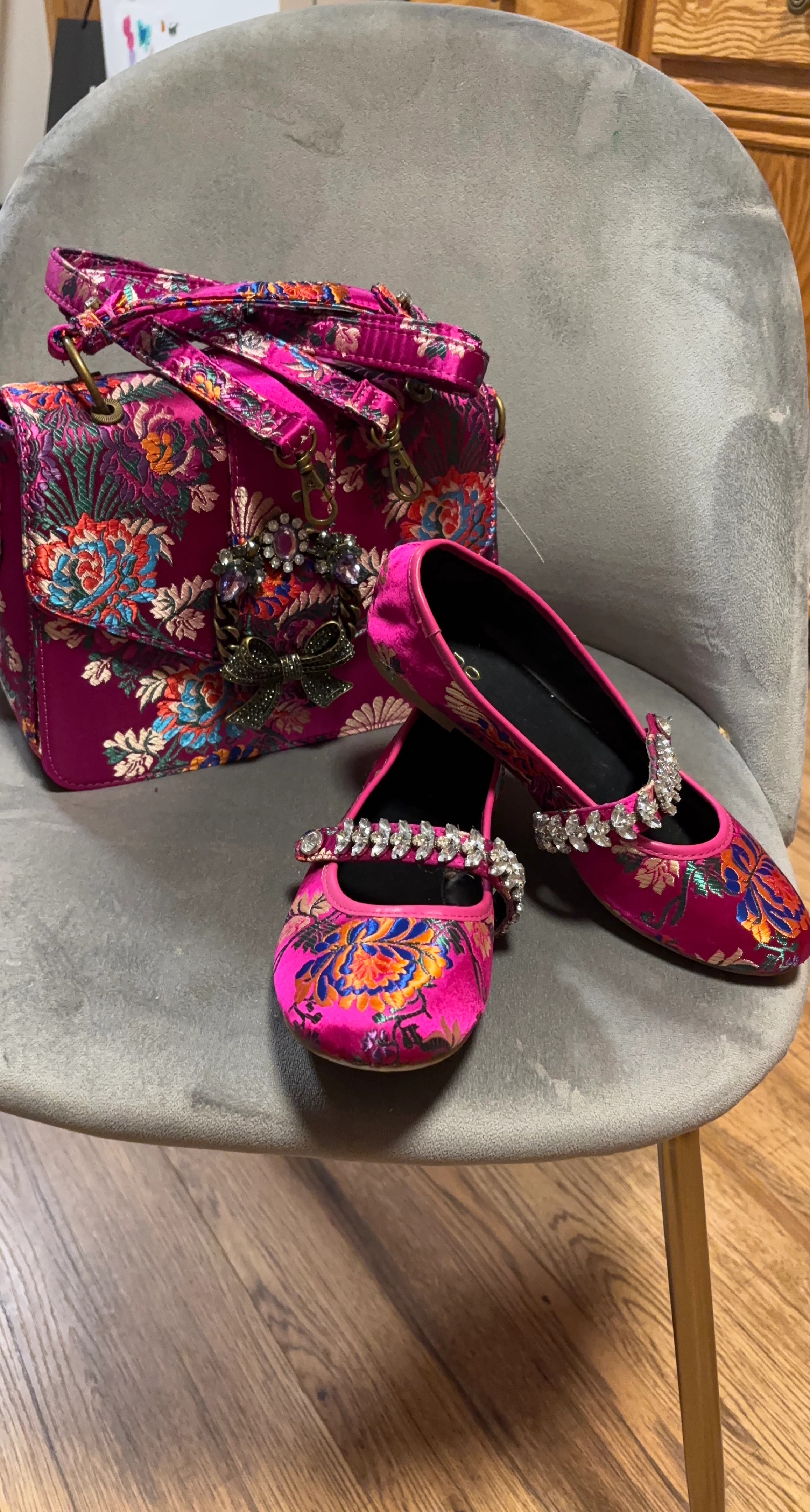Pink Floral Embroidered Bag and Flats Set with Rhinestones