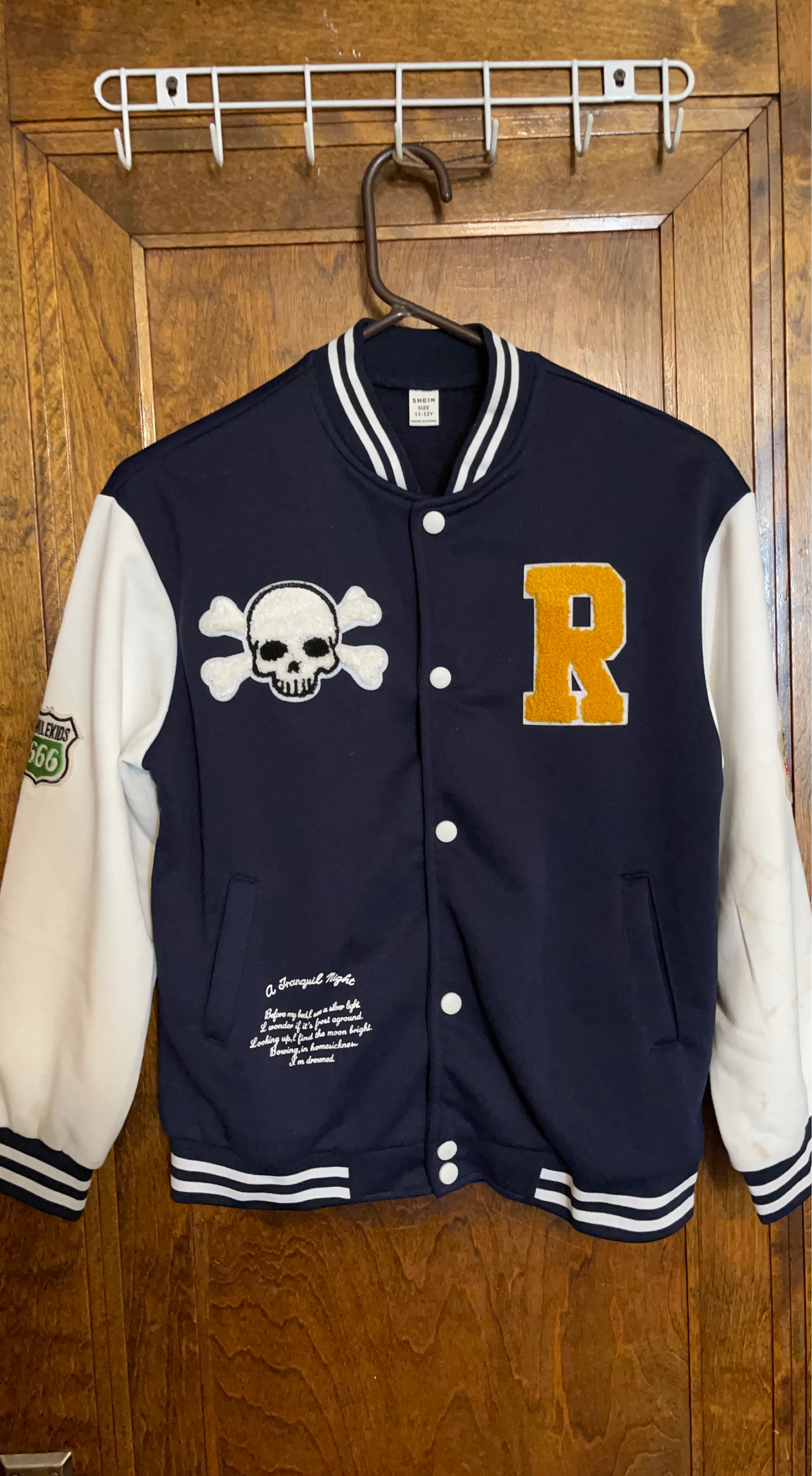 SHEIN Navy Varsity Jacket with Skull and R Patch