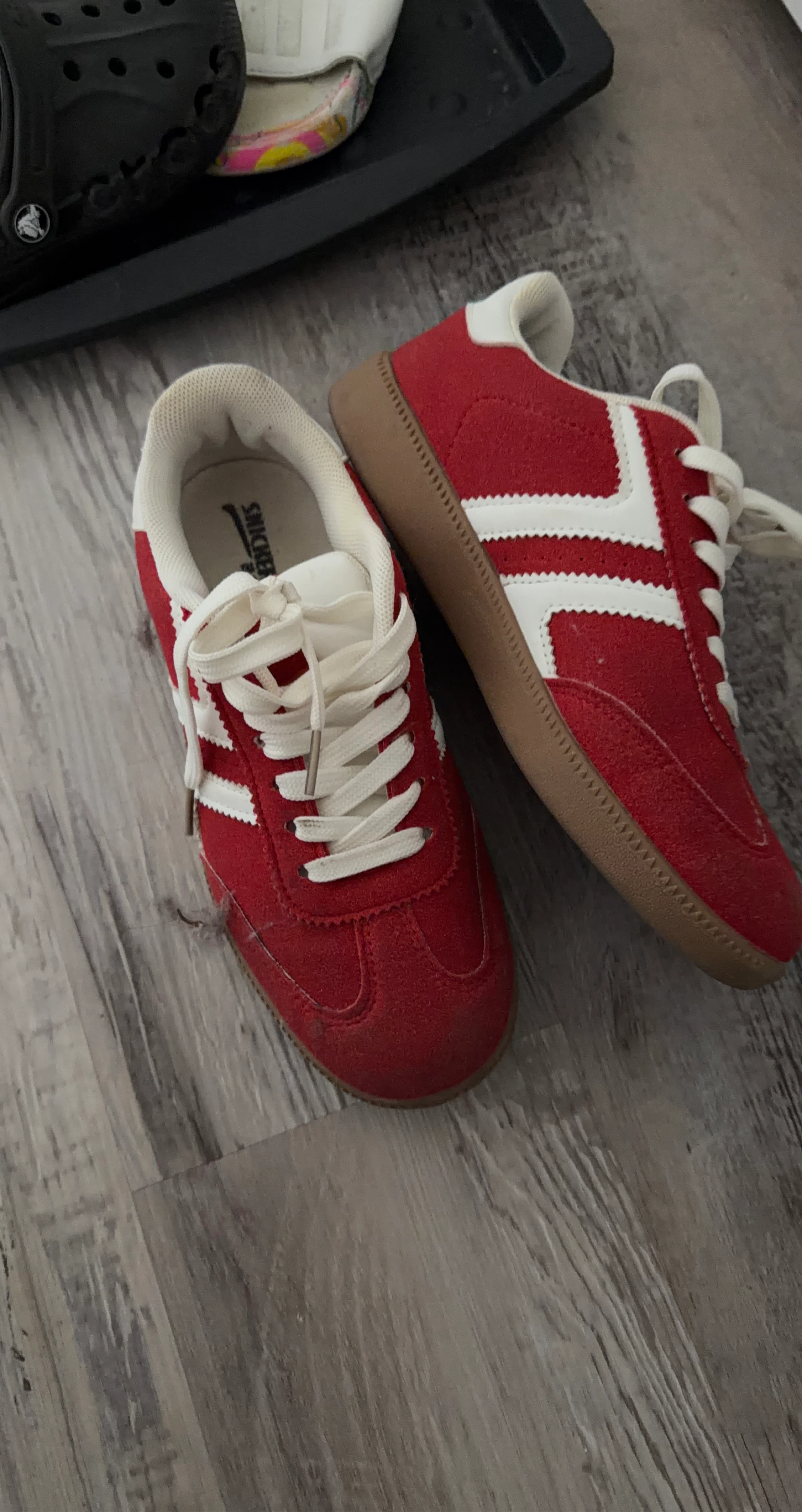 Red Suede Sneakers with White Stripes