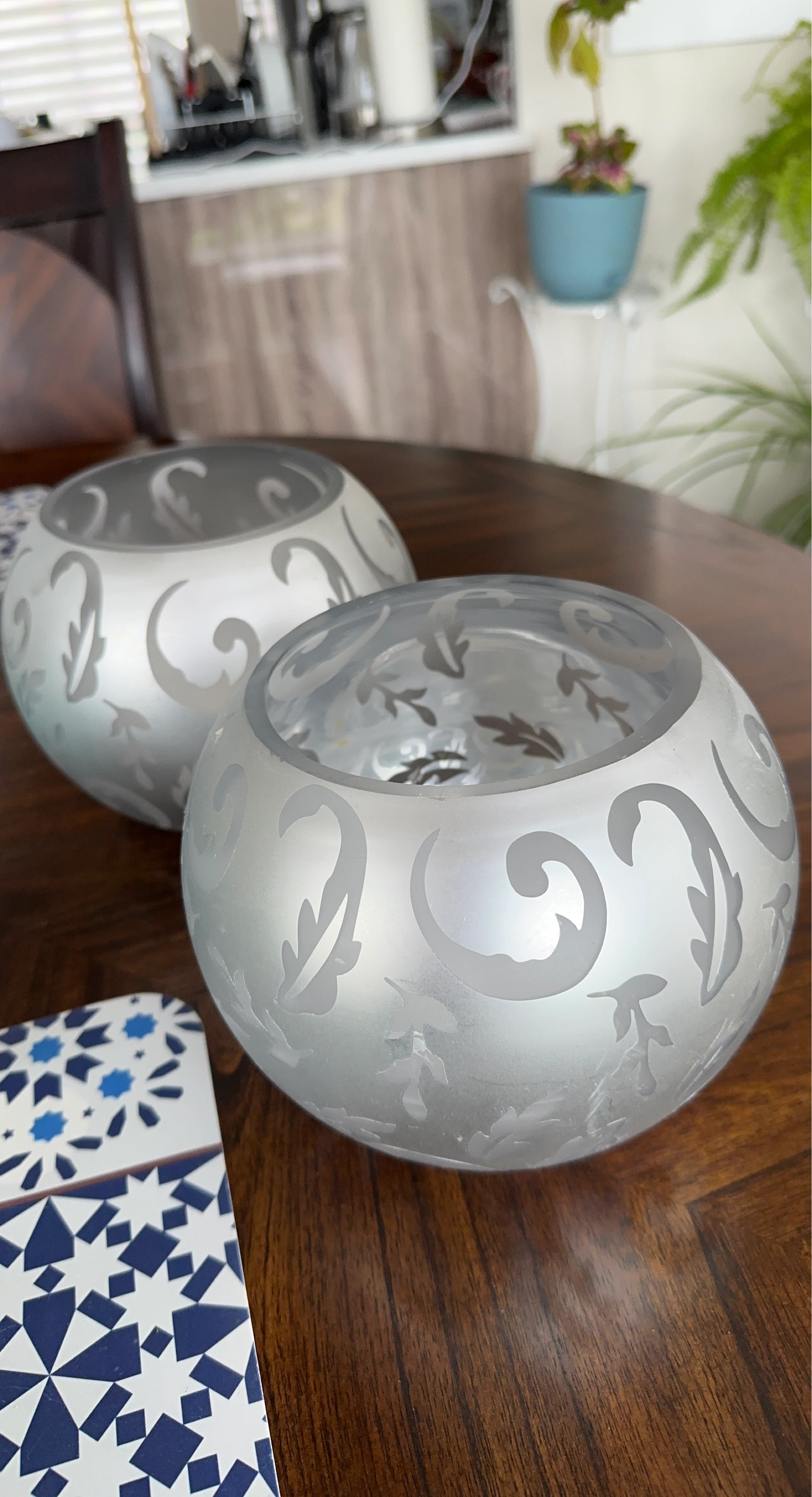 Set of 2 Frosted Glass Vases with Scrollwork