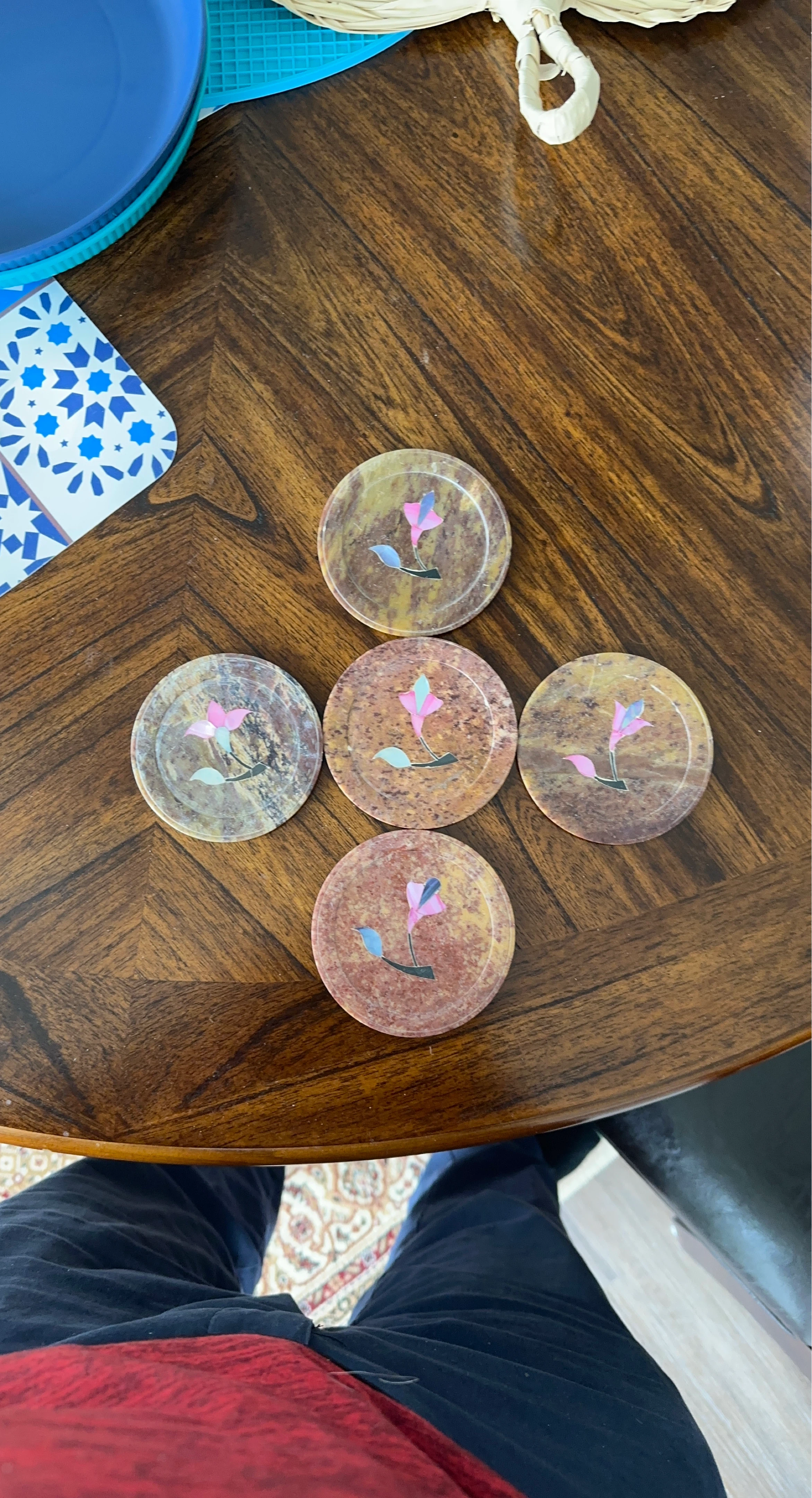 Set of 5 Stone Coasters with Flower Inlay
